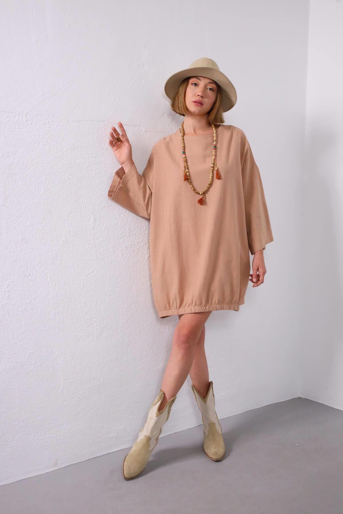 Sütlü Kahve Bisiklet Yaka Eteği Lastikli Salaş Tunik - Şaman Butik Sütlü Kahve Bisiklet Yaka Eteği Lastikli Salaş Tunik