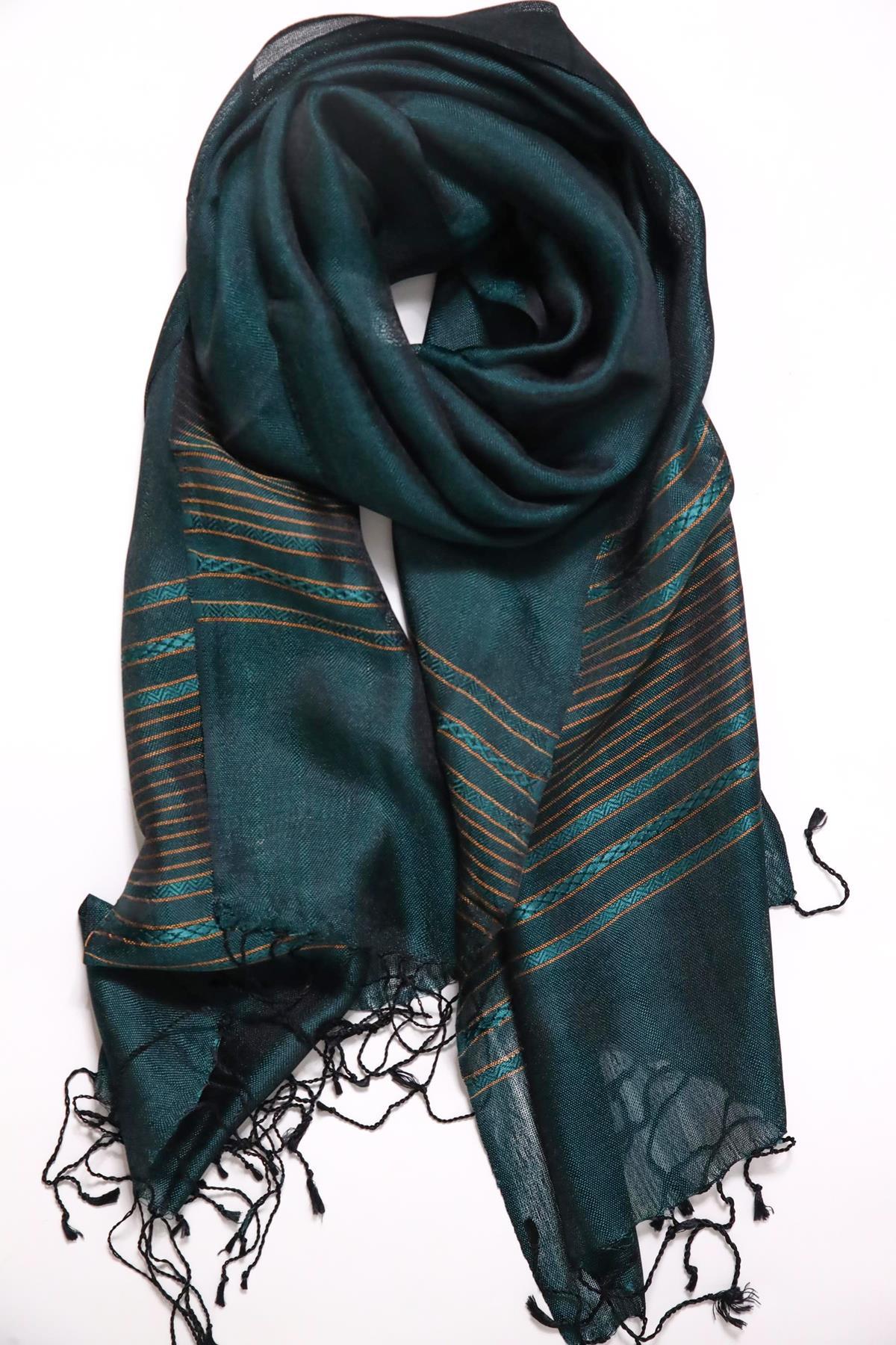 Petrol Mavisi Çizgi Detaylı İpek Şal - Şaman Butik Petrol Mavisi Çizgi Detaylı İpek Şal