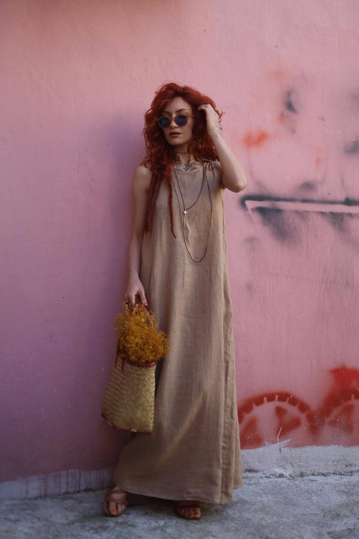 Camel Rengi Bisiklet Yaka Cepli Kolsuz Keten Elbise