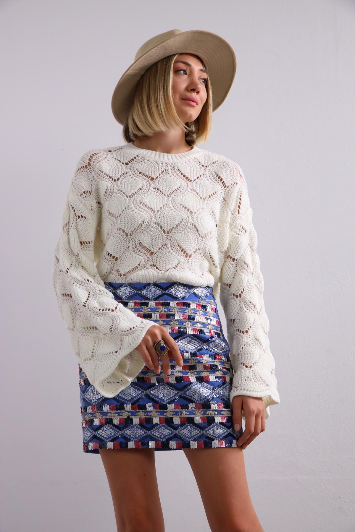 Mavi Pul İşlemeli Mini Etek - Şaman Butik Mavi Pul İşlemeli Mini Etek