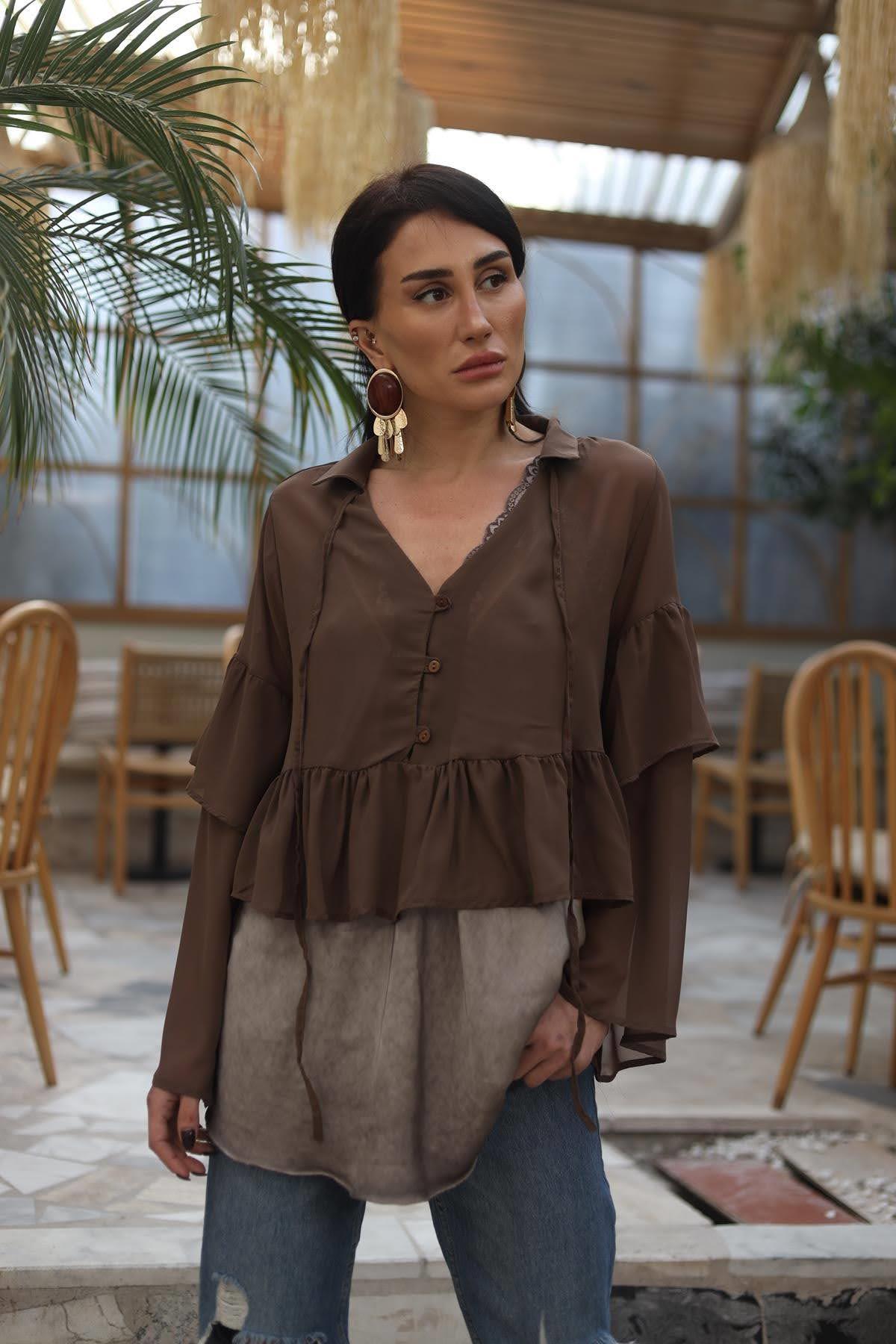 Kahverengi Volanlı Şifon Crop Gömlek