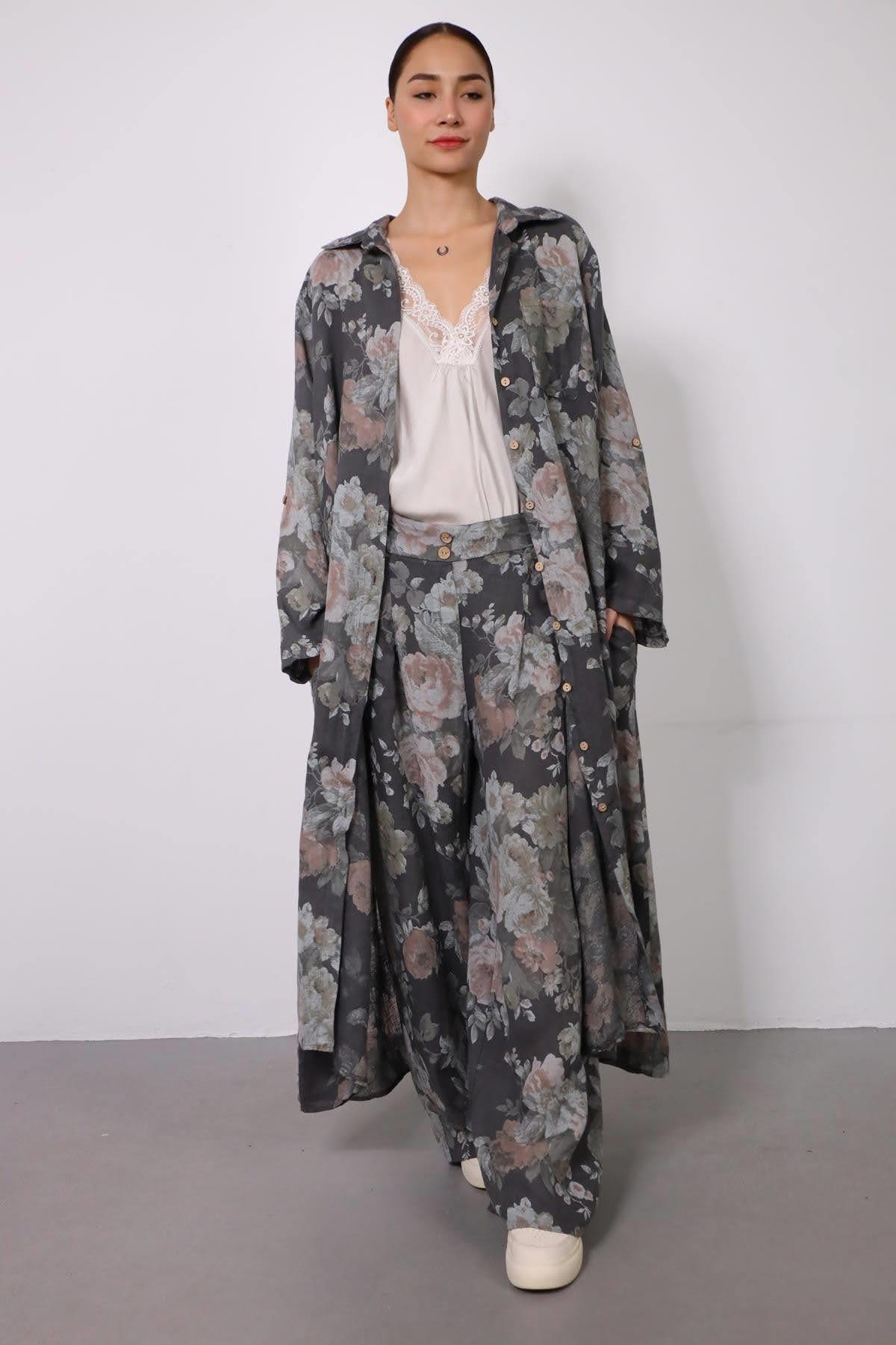  Füme Rengi Çiçek Desenli Beli Lastikli Keten Pantolon