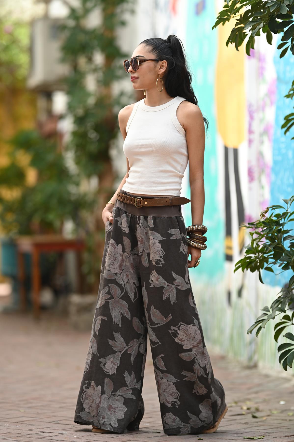 Kahverengi Çiçek Desenli Beli Lastikli Asena Pantolon