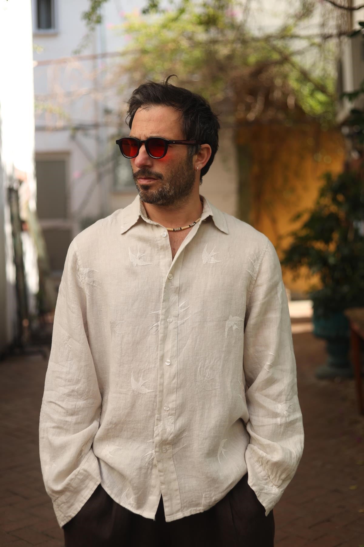 Krem Rengi Nakışlı Erkek Keten Gömlek