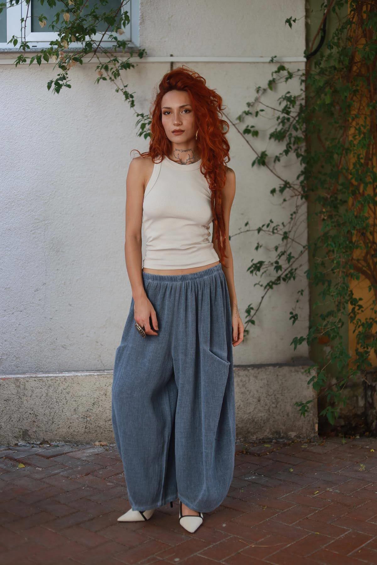 İndigo Mavi Beli Lastikli Yanları Cepli Keten Pantolon