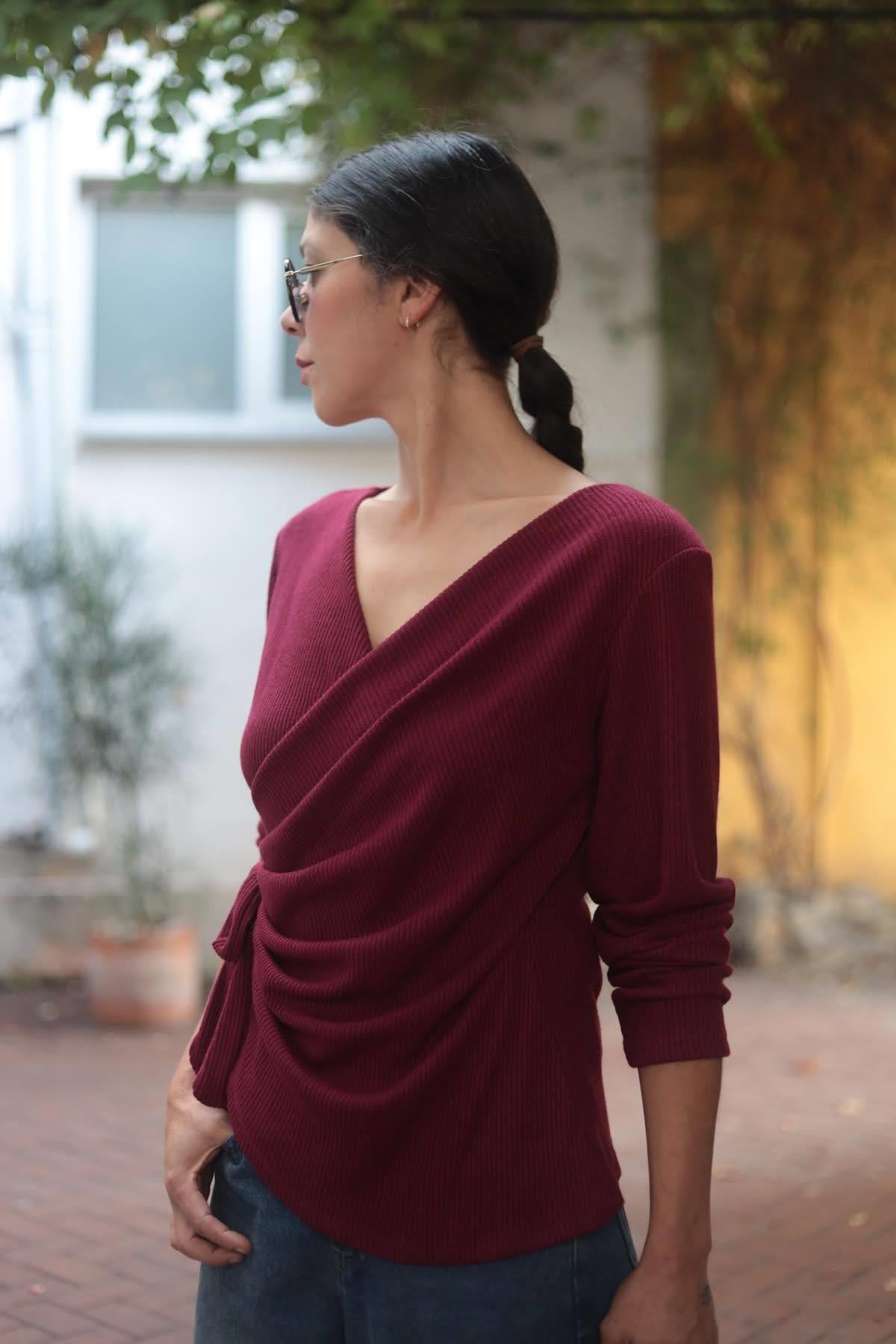 Bordo Düğüm Detaylı Kruvaze Bluz