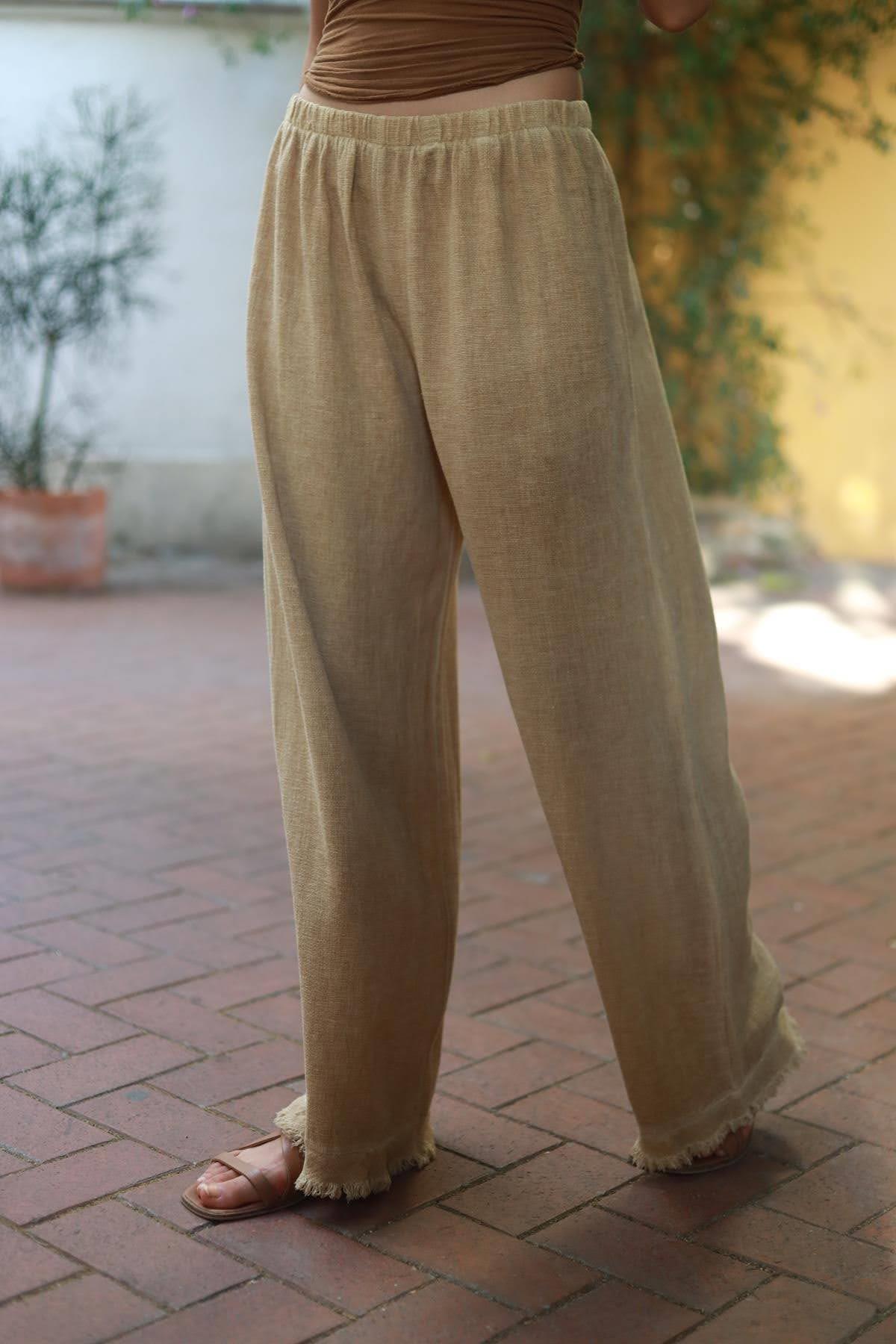 Camel Rengi Paçası Püsküllü Soft Keten Pantolon
