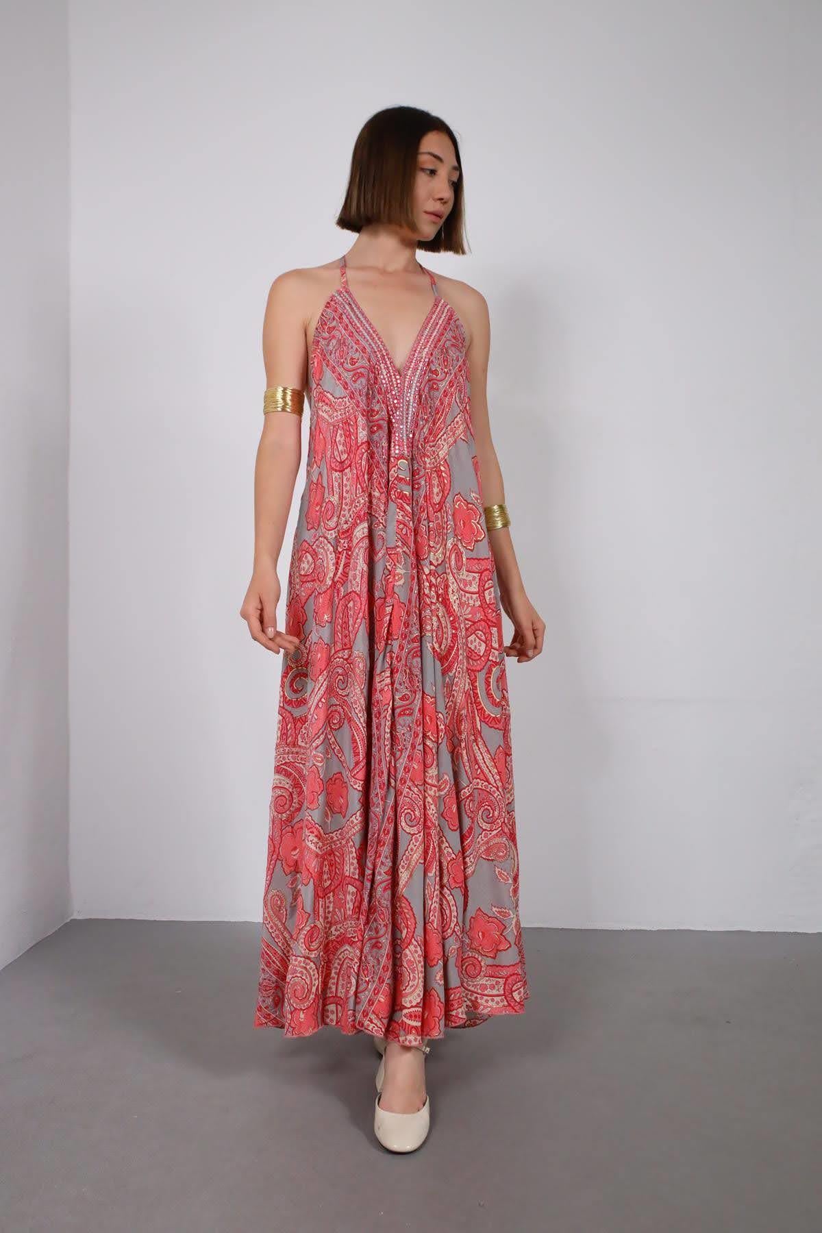 Pembe Otantik İşlemeli Ayna Detaylı Askılı İpek Elbise - Şaman Butik Pembe Otantik İşlemeli Ayna Detaylı Askılı İpek Elbise