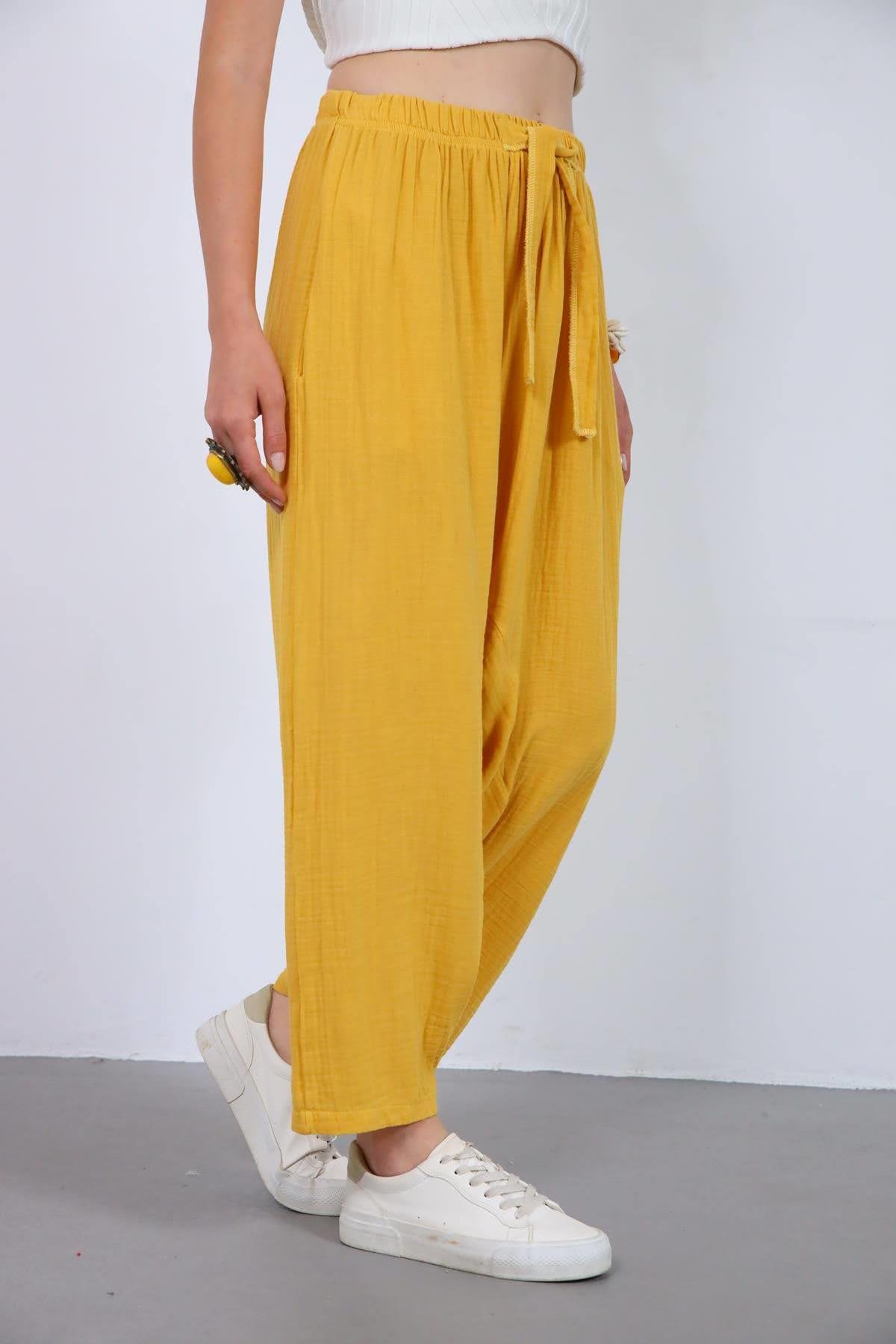 Sarı Beli İpli Müslin Şalvar