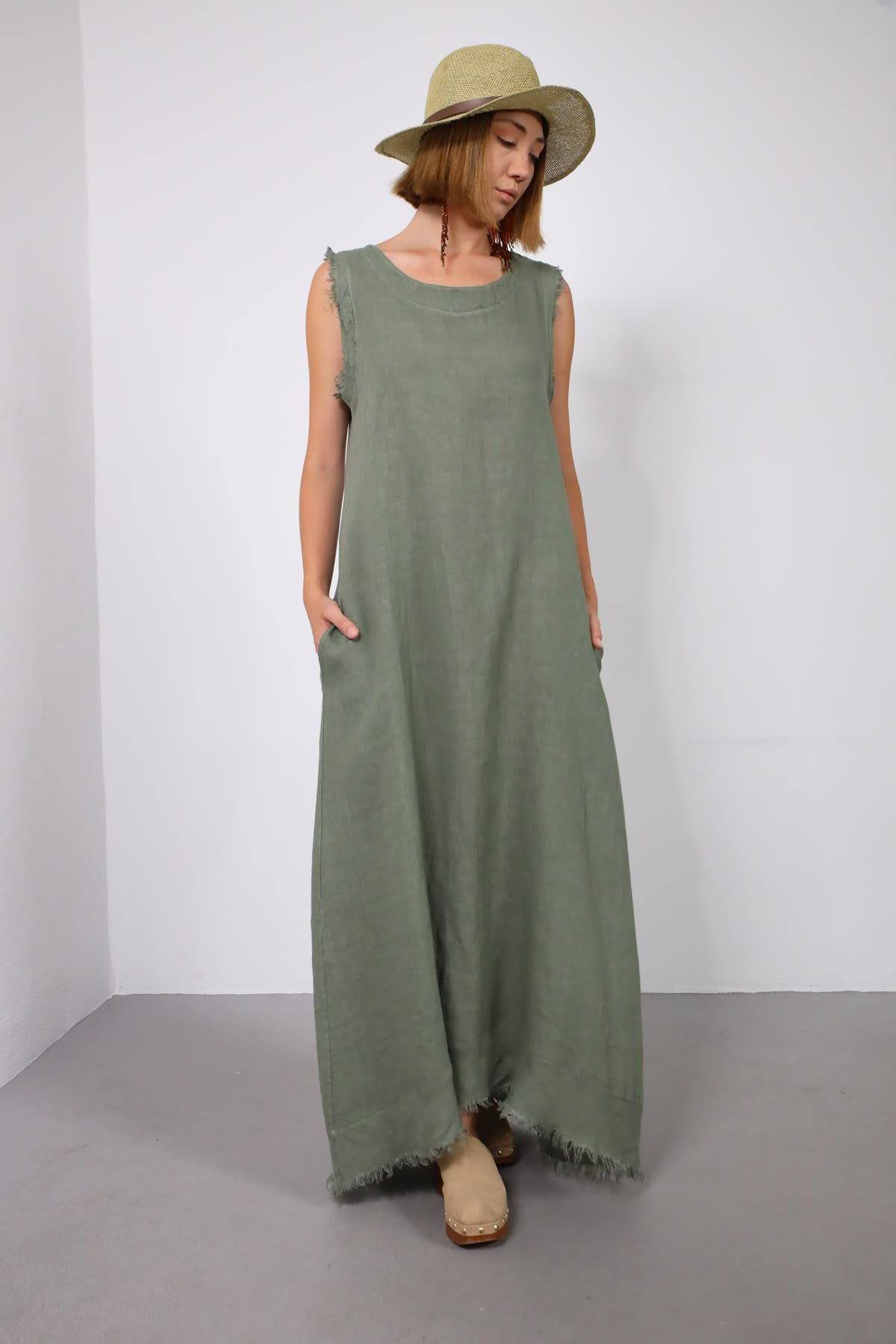 Haki Dikiş ve Püskül Detaylı Kolsuz Keten Elbise - Şaman Butik Haki Dikiş ve Püskül Detaylı Kolsuz Keten Elbise