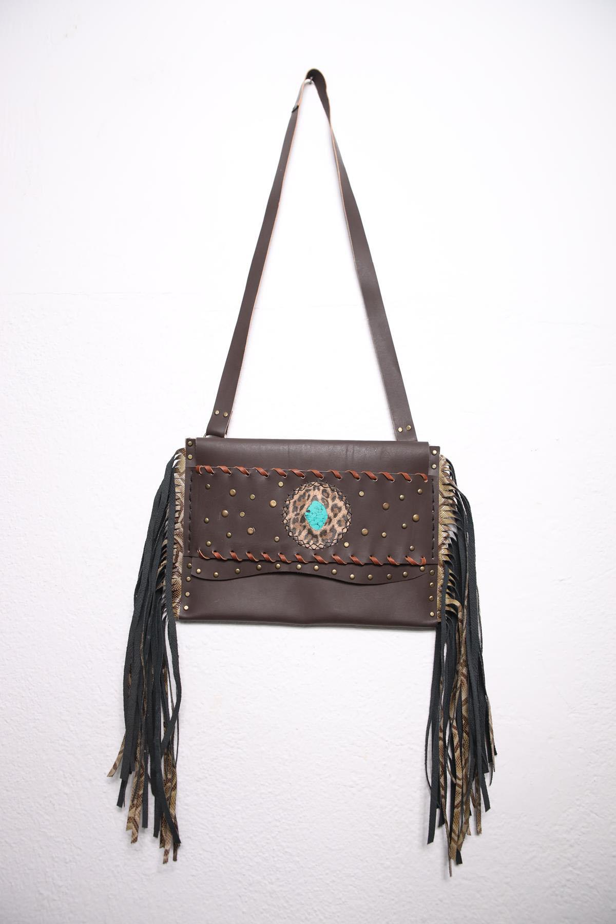 Brown Stone Detailed Tassel Leather Bag