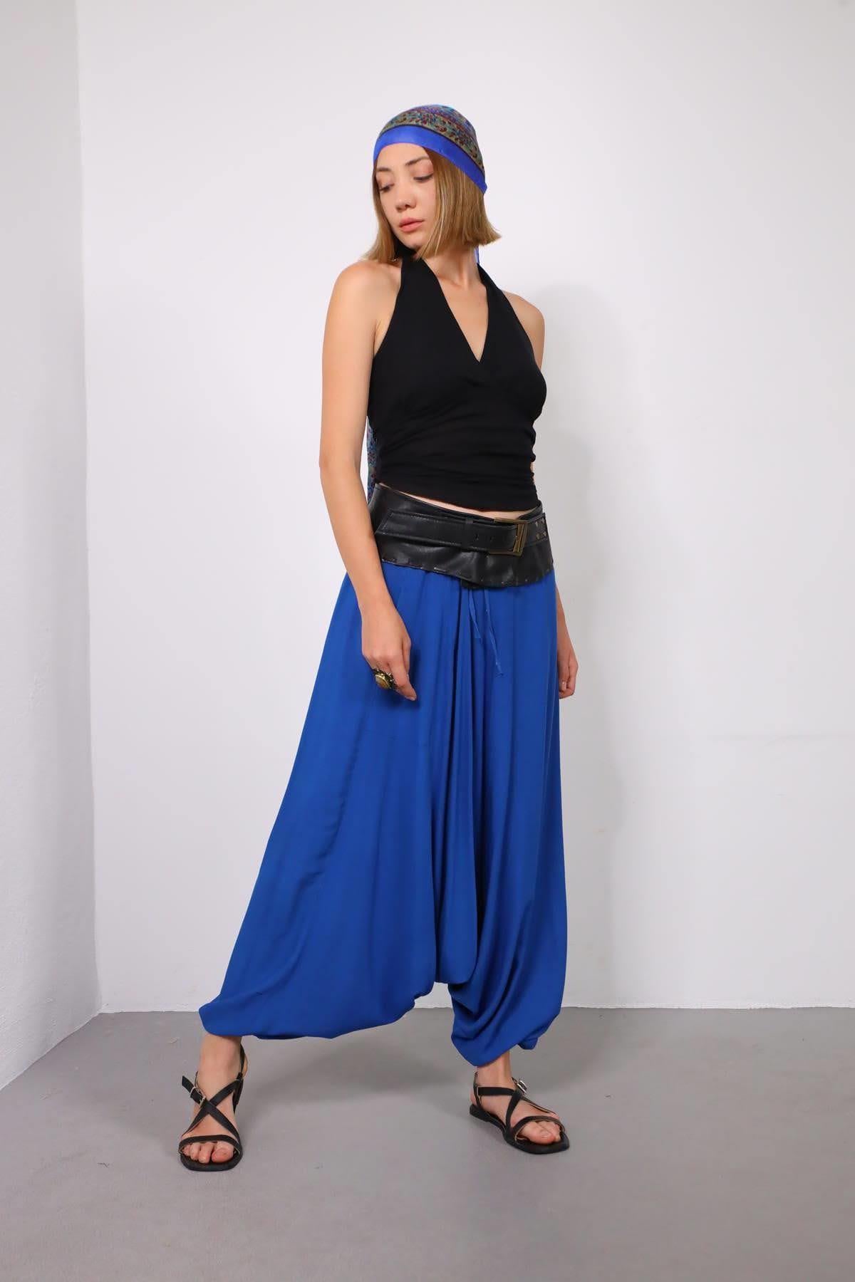 Saks Mavisi Beli Lastikli Etnik Şalvar - Şaman Butik Saks Mavisi Beli Lastikli Etnik Şalvar