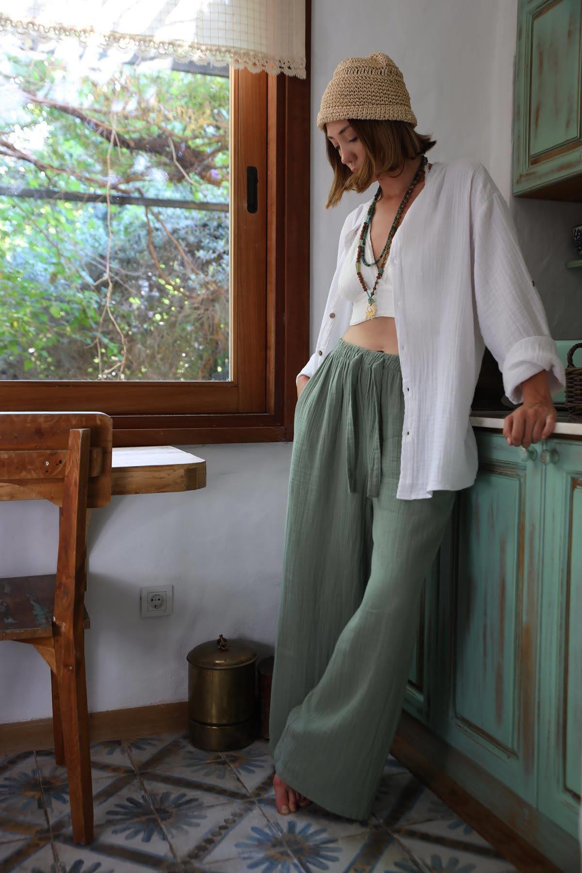  Mint Yeşili Beli Lastikli İp Detaylı Müslin Pantolon