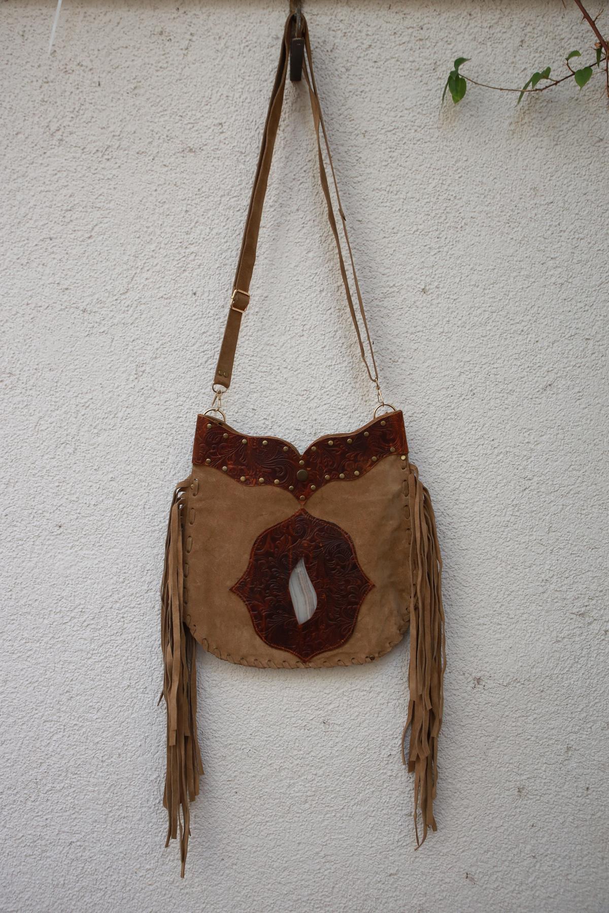 Camel Color Embossed Leather Detailed Suede Bag