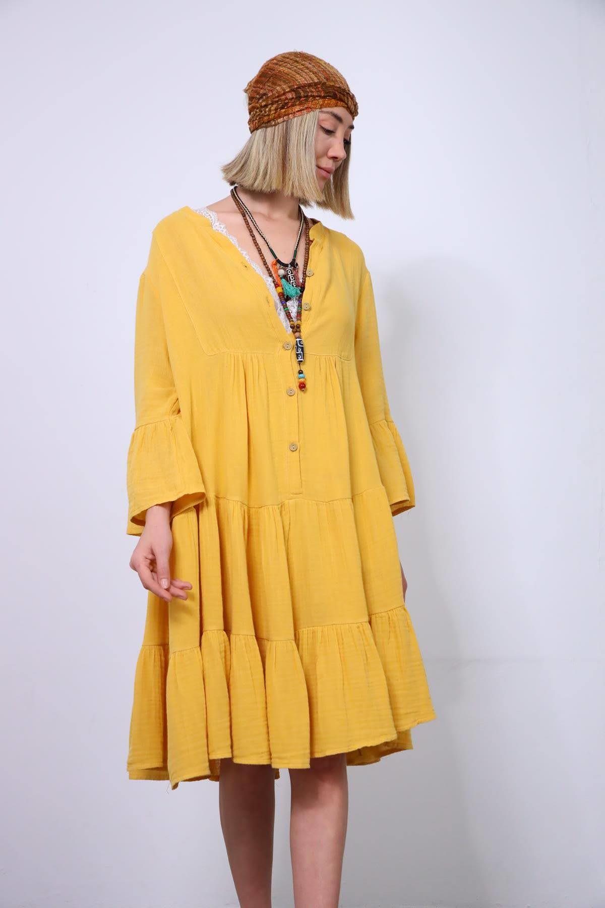 Hardal Rengi Positano Elbise - Şaman Butik Hardal Rengi Positano Elbise