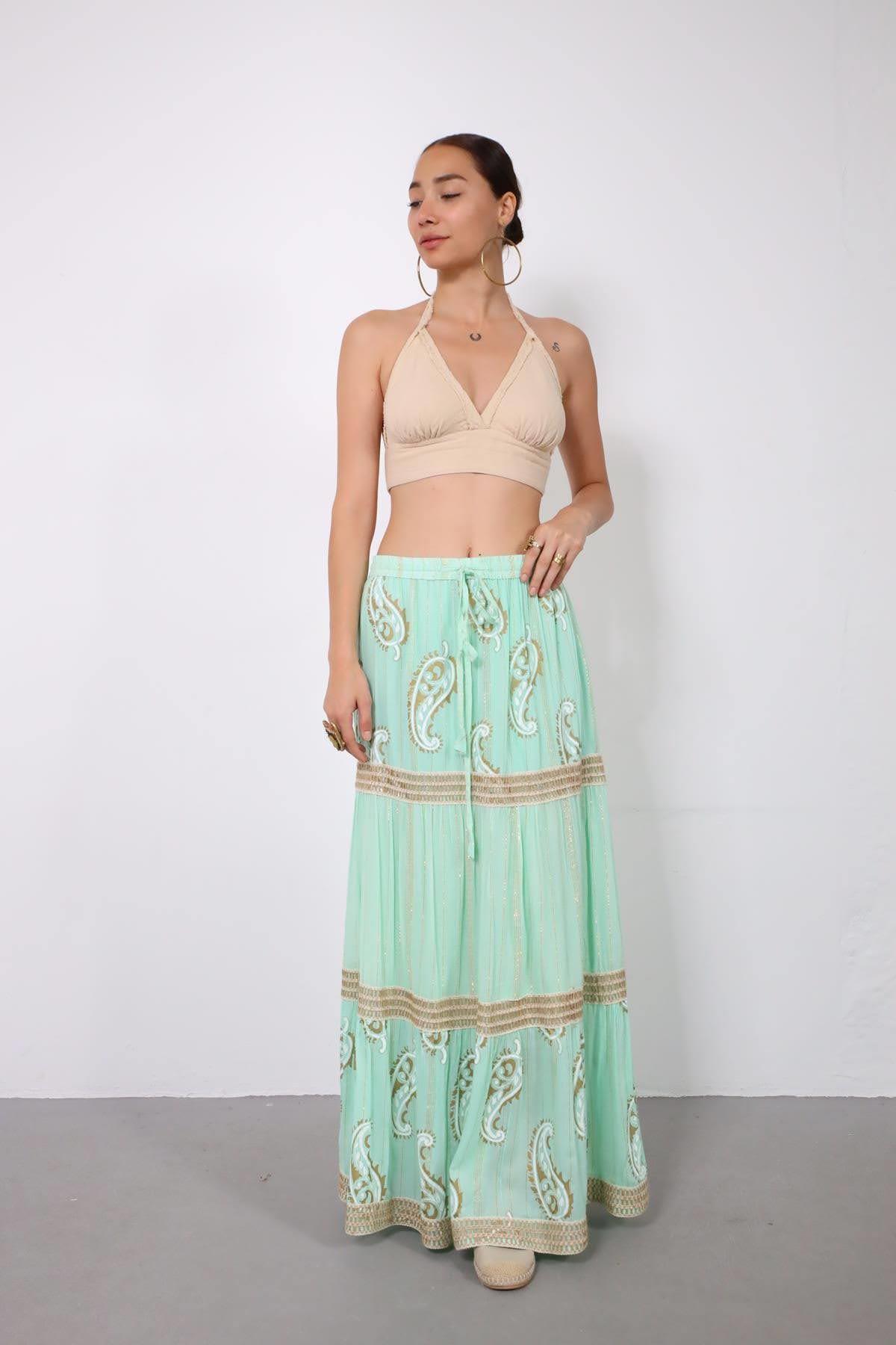 Su Yeşili Örgü Detaylı Simli Hermes Etek - Şaman Butik Su Yeşili Örgü Detaylı Simli Hermes Etek