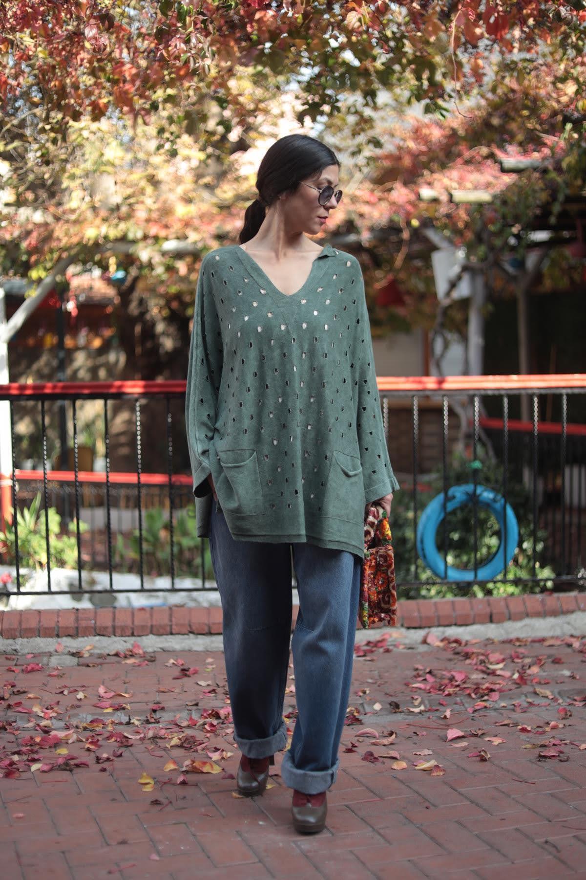 Haki Delikli V Yaka Yıkama Tunik