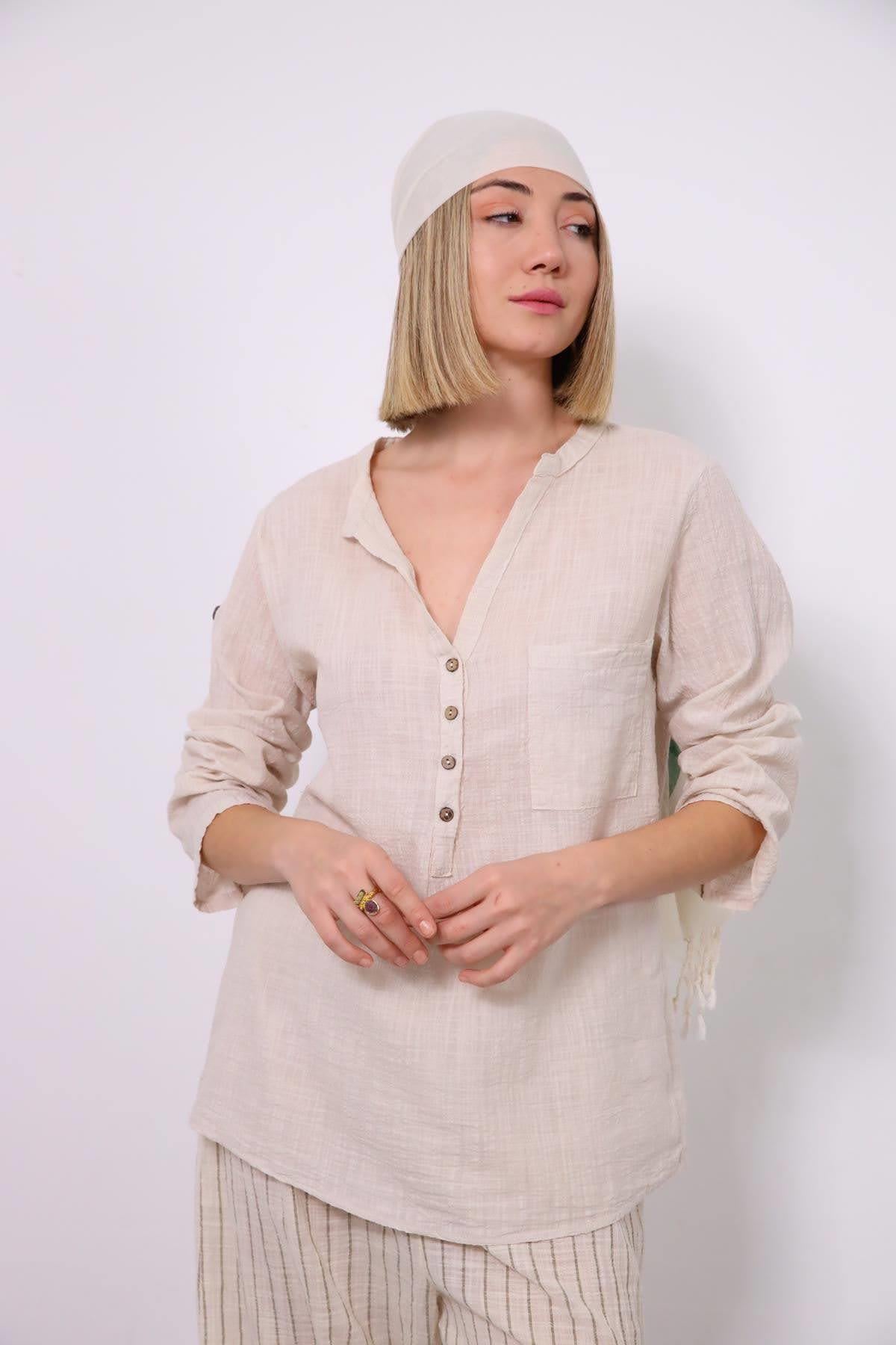 Bej Hakim Yaka Kolları Apoletli Gömlek - Şaman Butik Bej Hakim Yaka Kolları Apoletli Gömlek