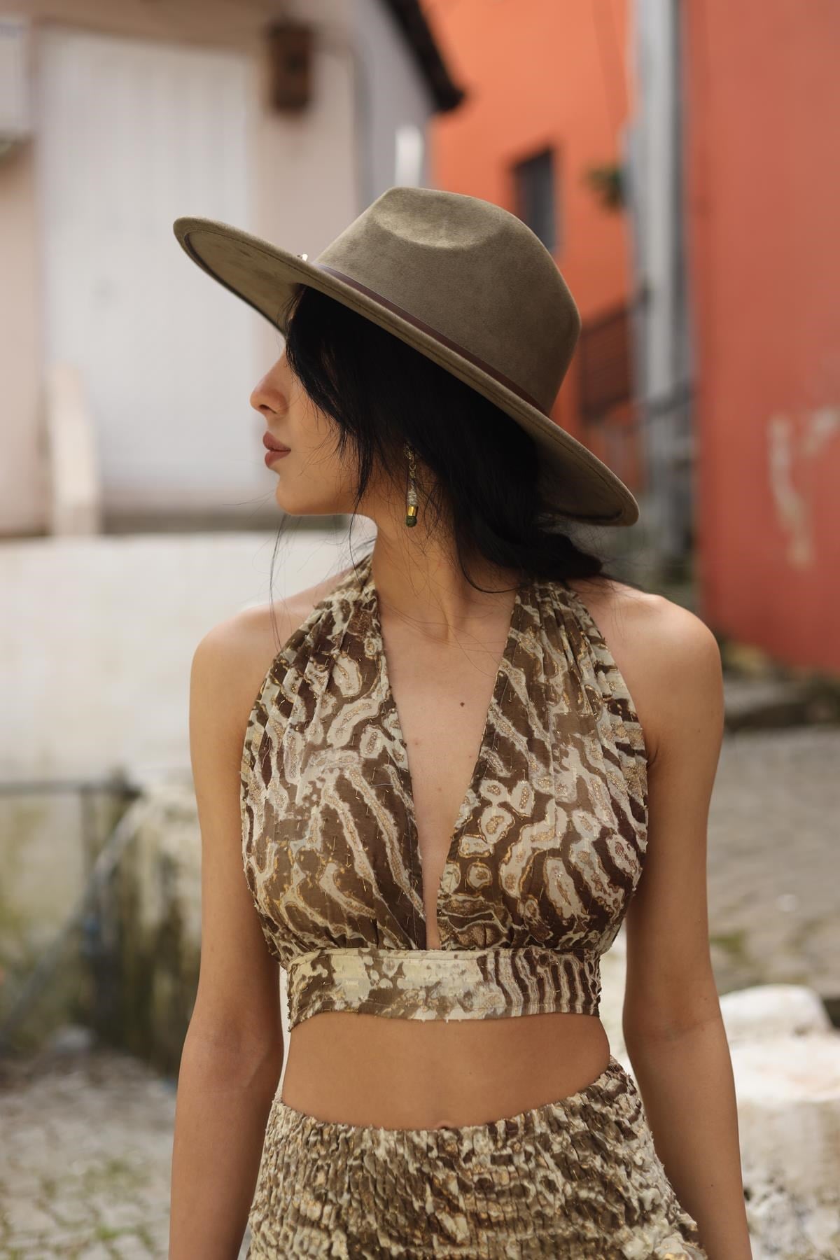 Vizon Rengi Pamuklu Crop Bluz