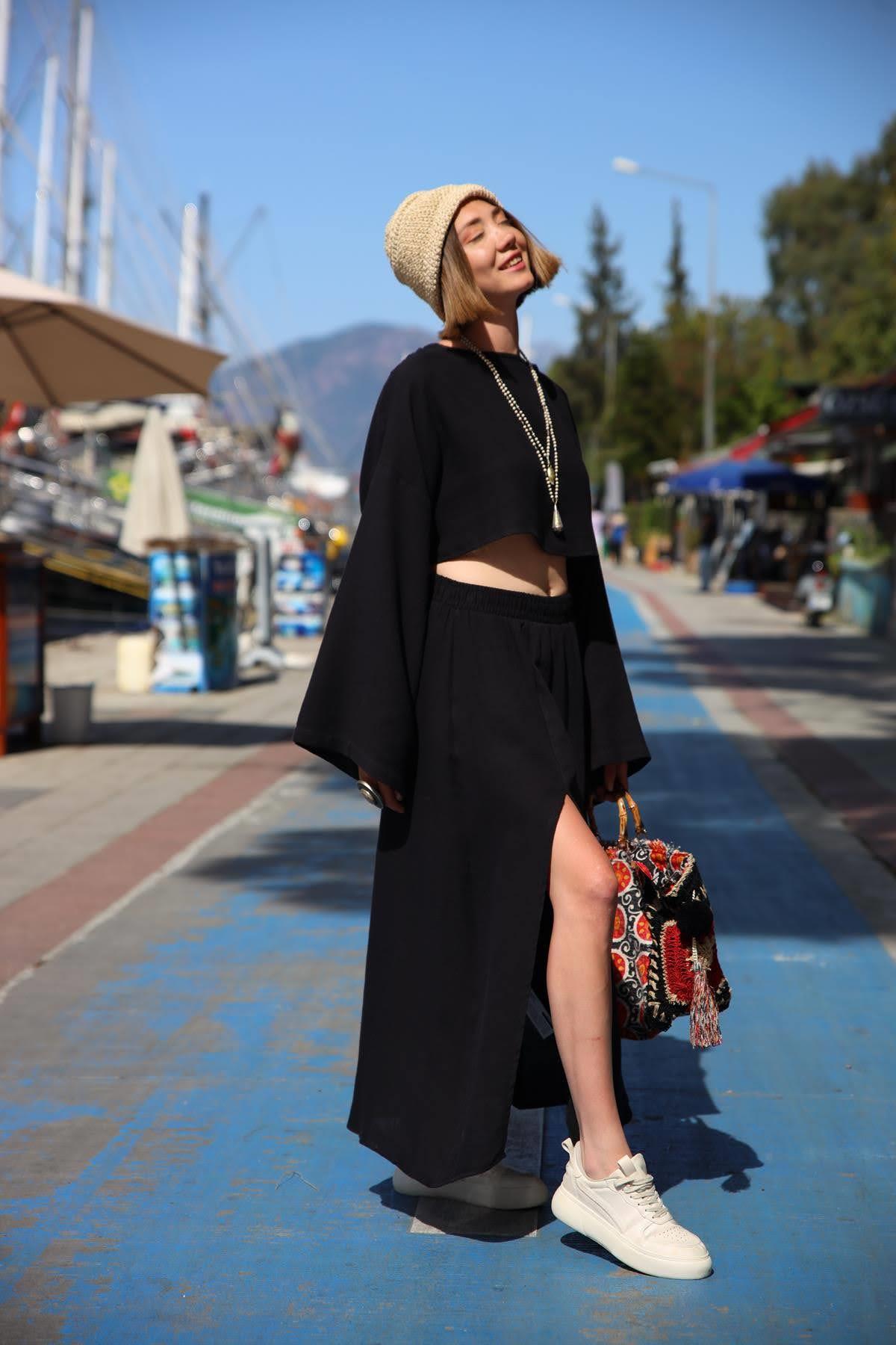 Siyah Yırtmaçlı Etek ve Crop Takım - Şaman Butik Siyah Yırtmaçlı Etek ve Crop Takım