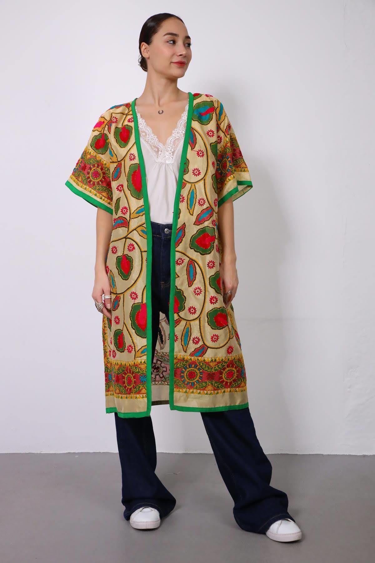 Camel Rengi İşlemeli Kısa Kollu Bohem Kaftan  Şaman Butik Camel Rengi İşlemeli Kısa Kollu Bohem Kaftan