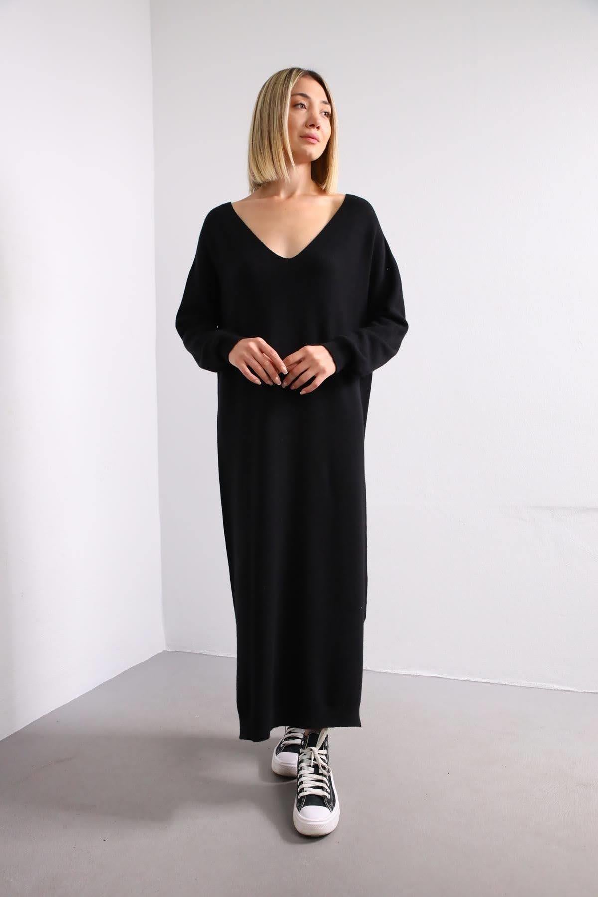 Siyah V Yaka Triko Elbise - Şaman Butik Siyah V Yaka Triko Elbise