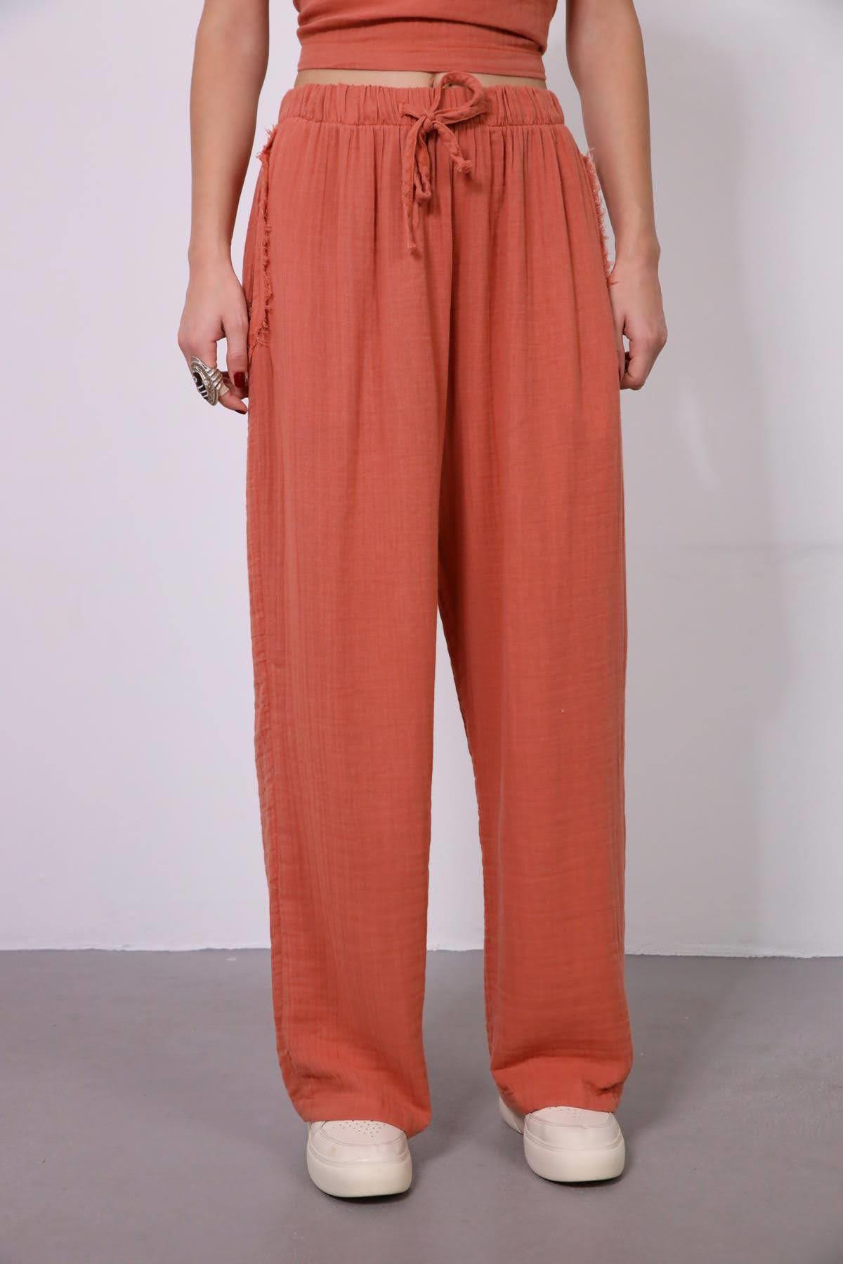 Somon Rengi Cebi Püskül Detaylı Müslin Pantolon - Şaman Butik Somon Rengi Cebi Püskül Detaylı Müslin Pantolon