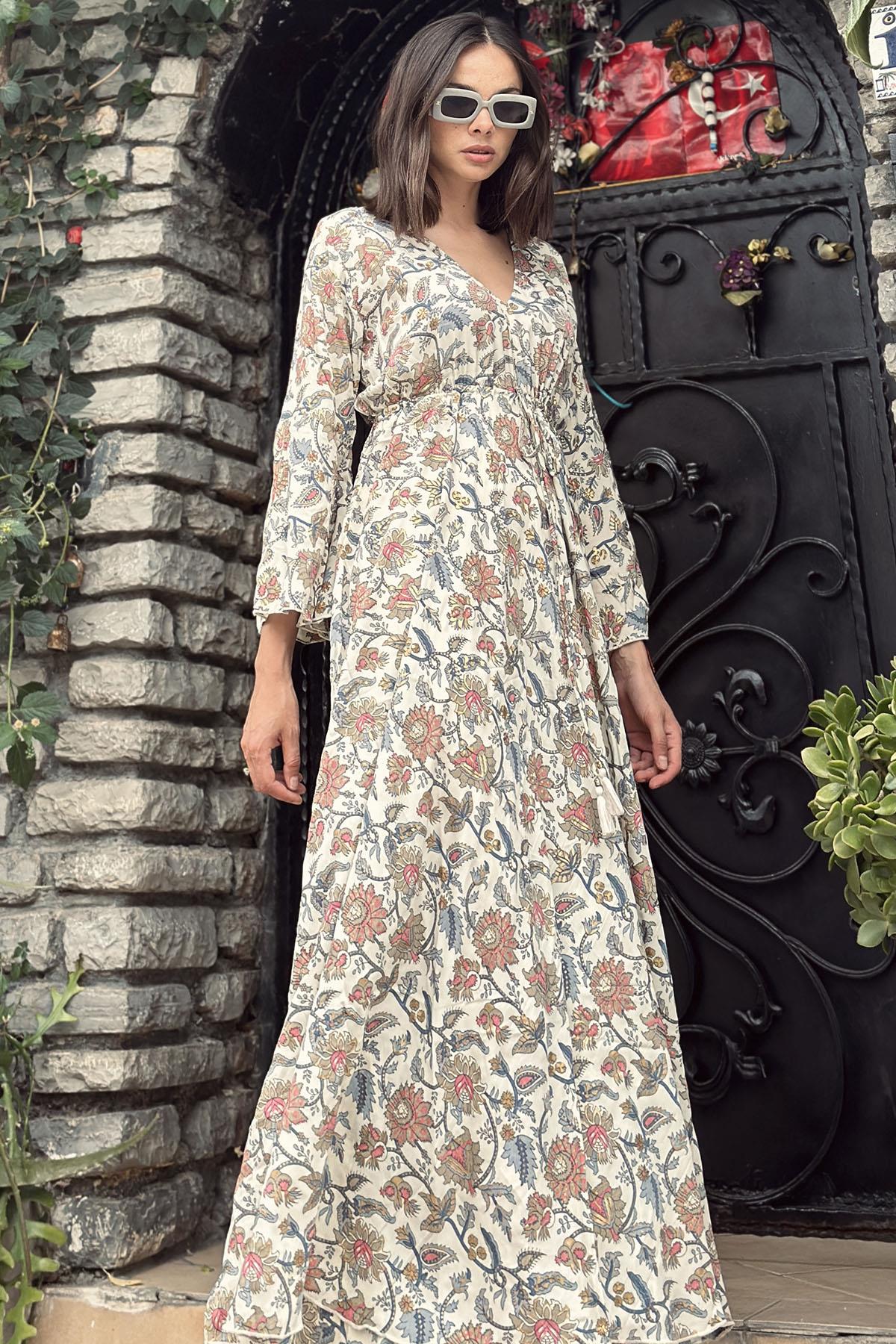 Ecru Floral Patterned Backless Silk Dress