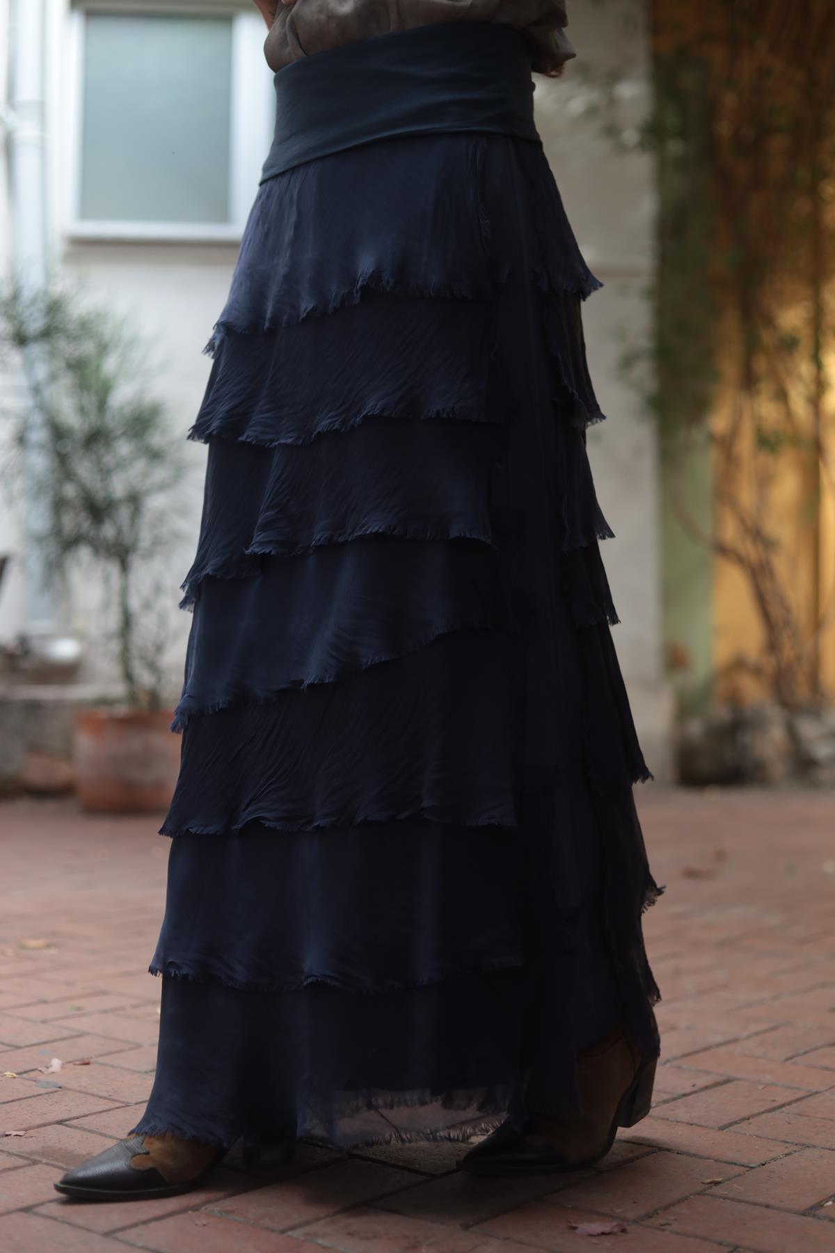 Navy Blue Layered Silk Skirt
