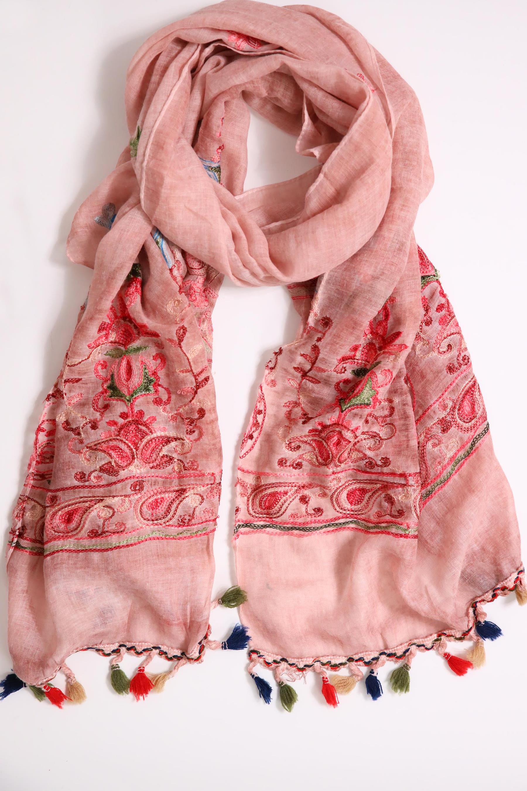  Pudra Pembe İşlemeli Püsküllü Şal