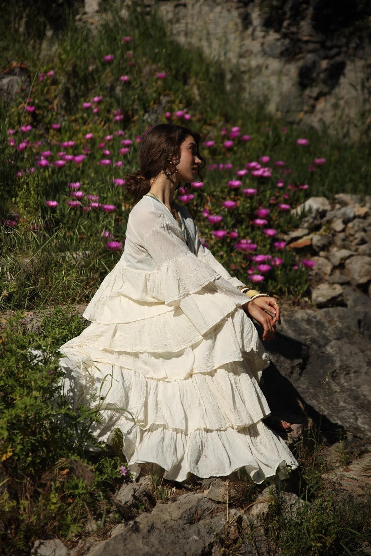 Ekru Volanlı Brit Detaylı Bohem Kaftan