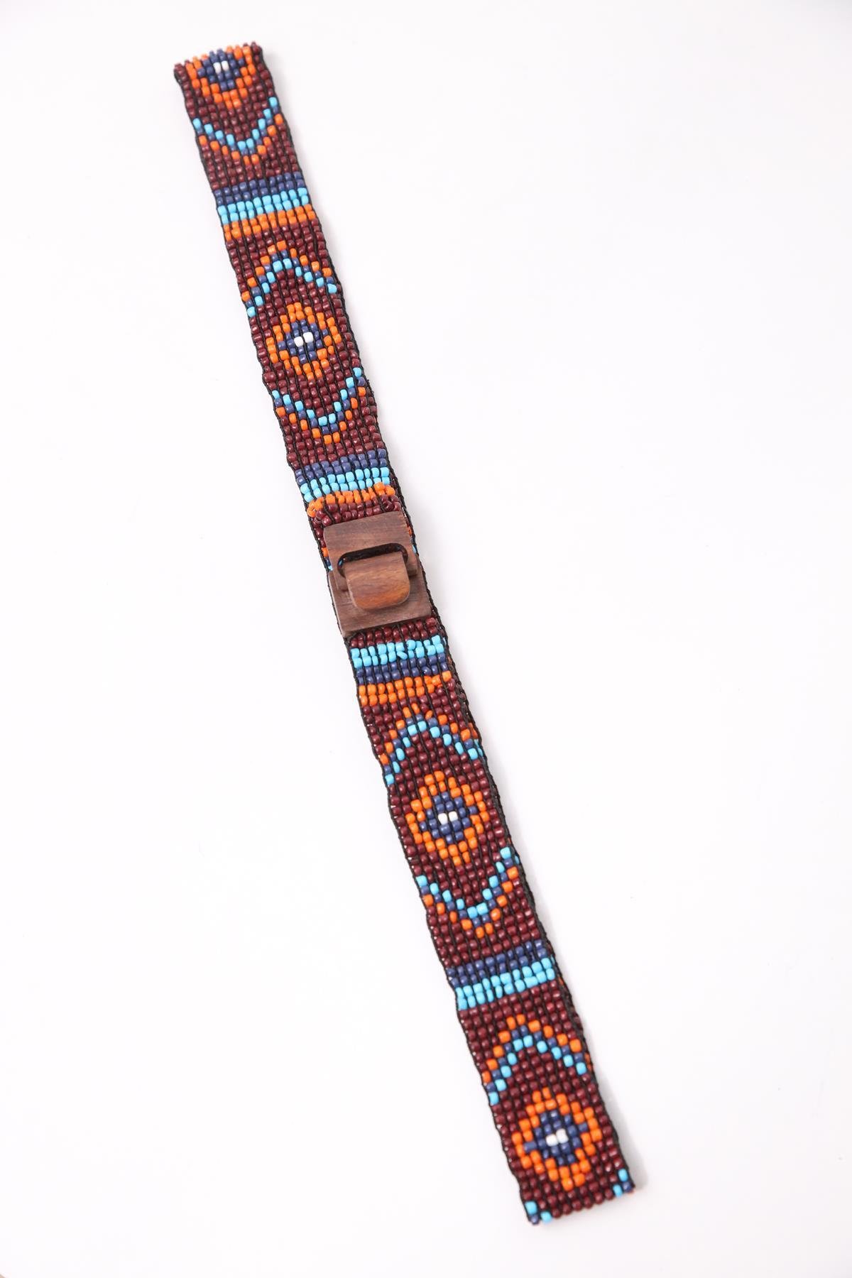 Claret Red Wooden Buckle Beaded Thin Elastic Belt