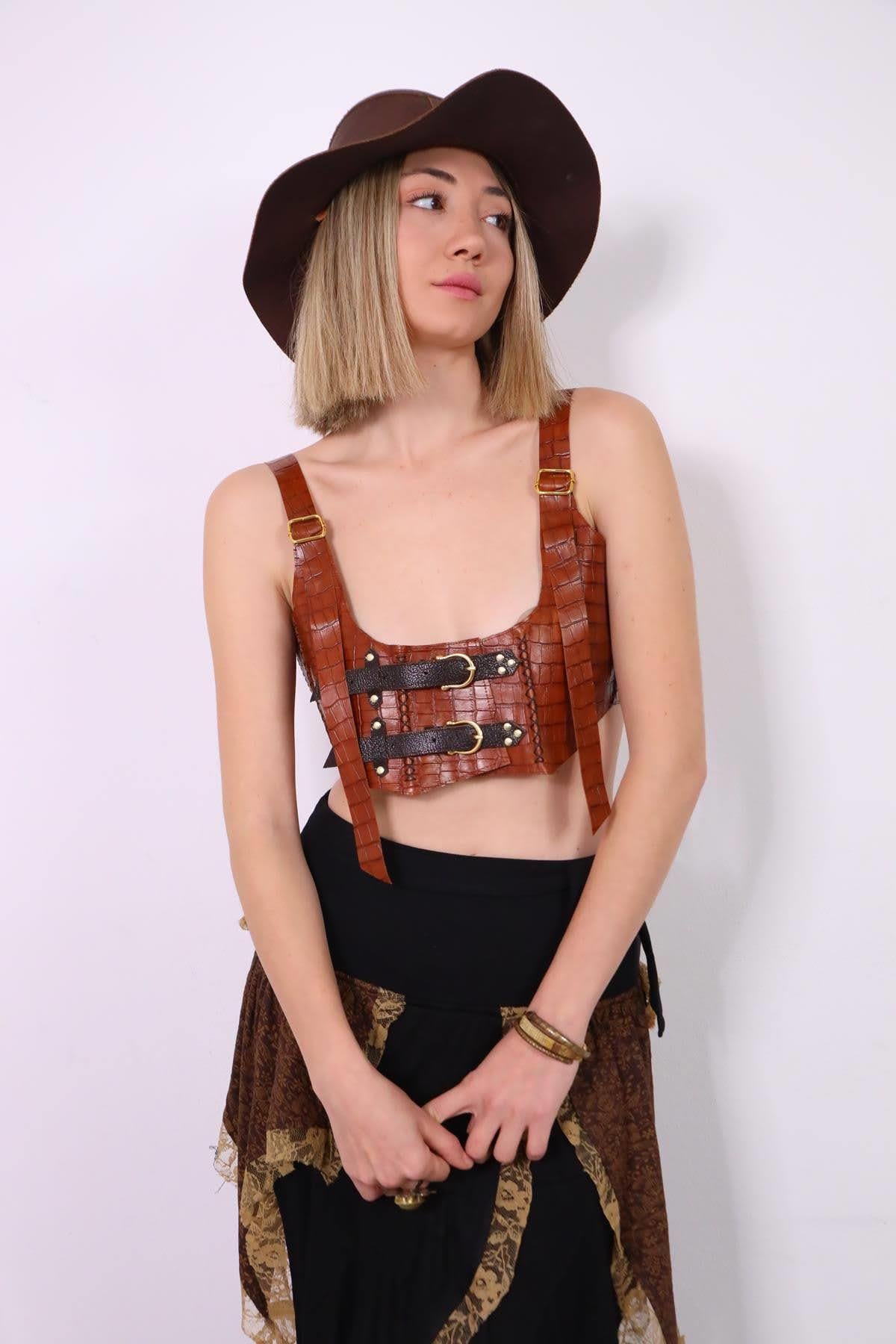 Taba Kemerli Deri Korse - Şaman Butik Taba Kemerli Deri Korse