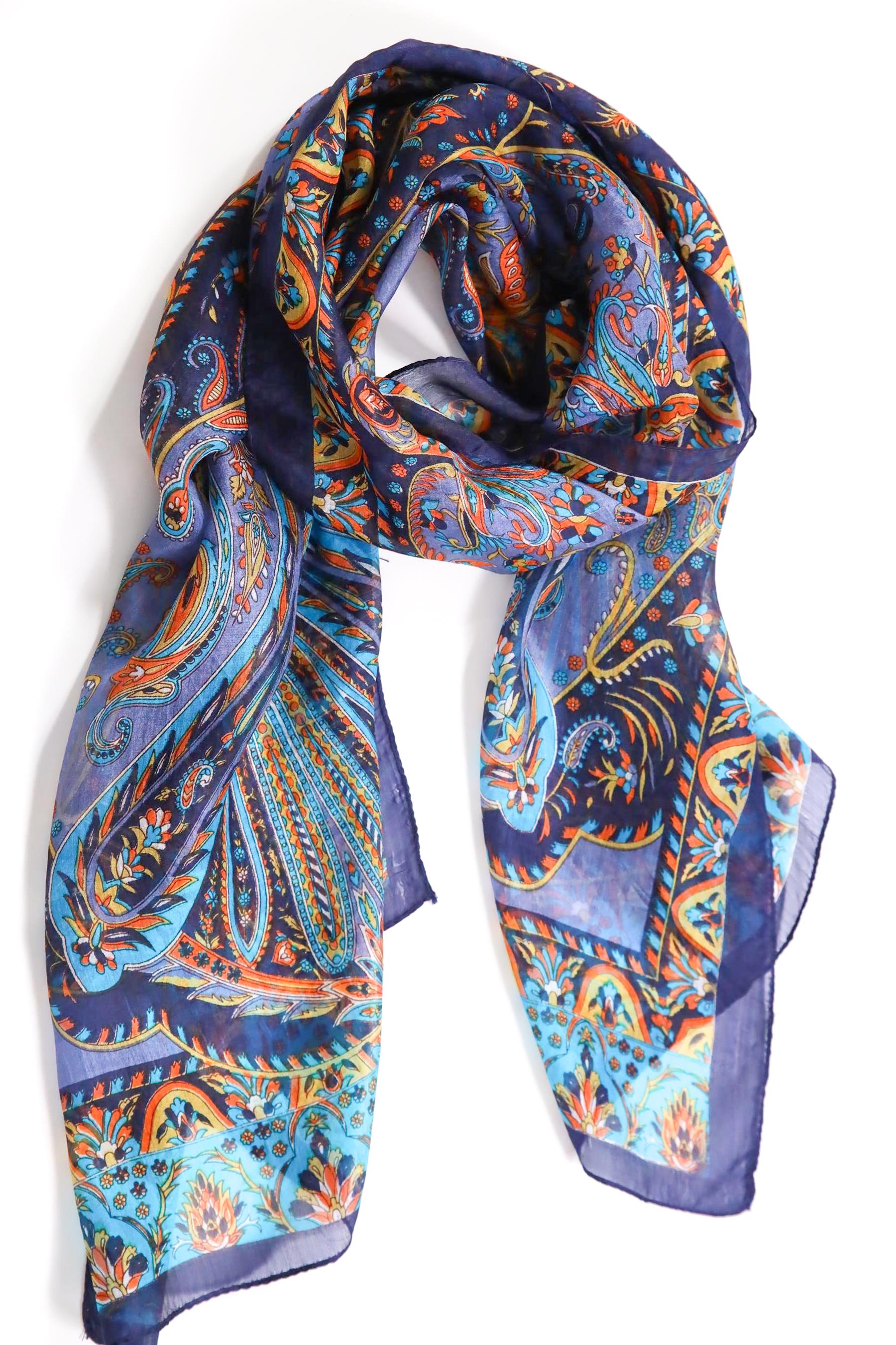 Lacivert Desenli İpek Şal - Şaman Butik Lacivert Desenli İpek Şal