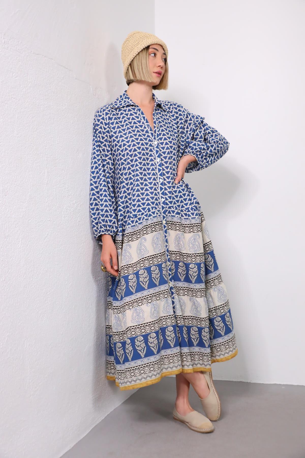 Mavi Otantik Desenli Kolları Lastikli Gömlek Elbise - Şaman Butik Mavi Otantik Desenli Kolları Lastikli Gömlek Elbise