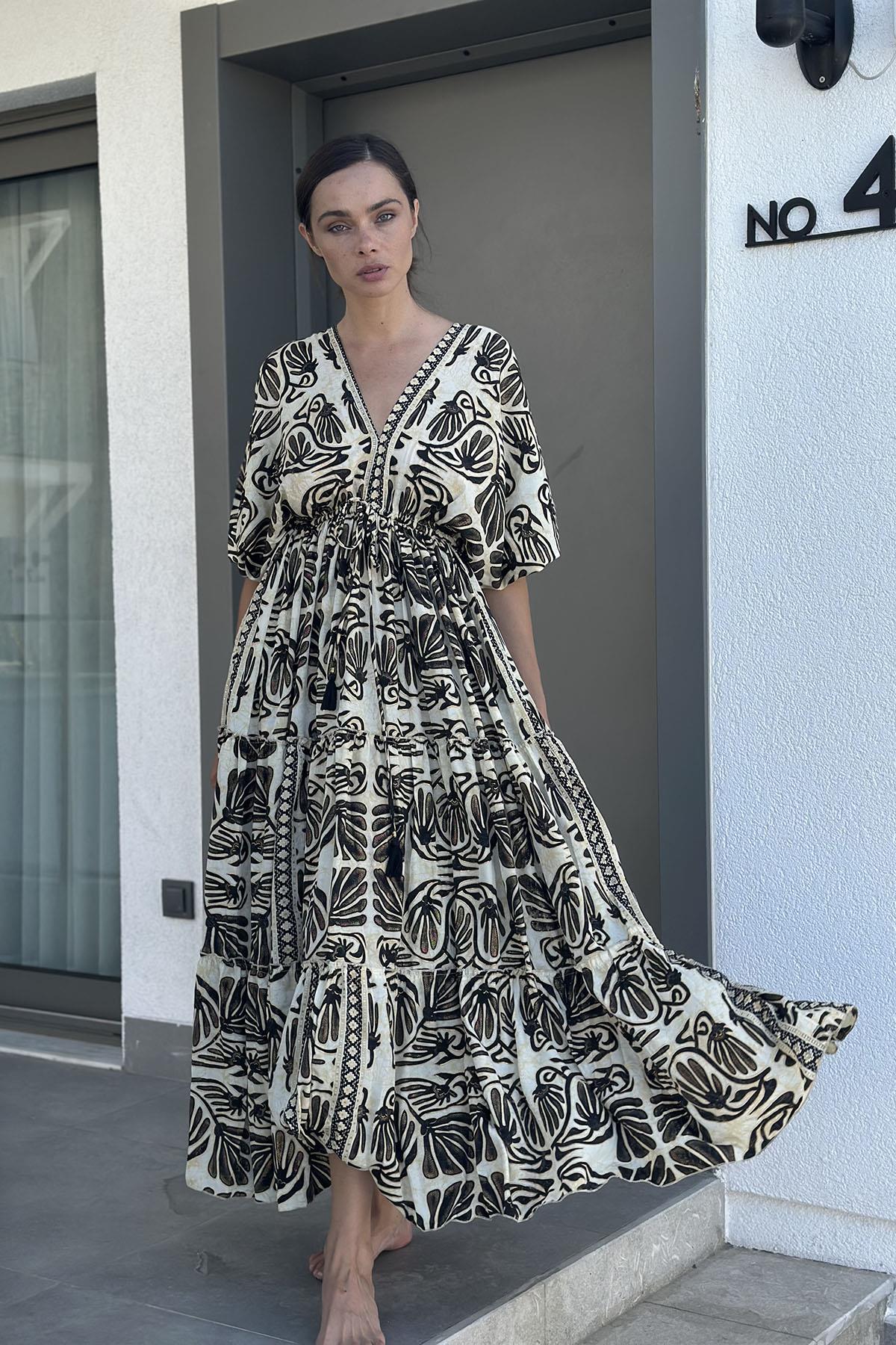 Cream V Neck Paisley Pattern Long Silk Dress