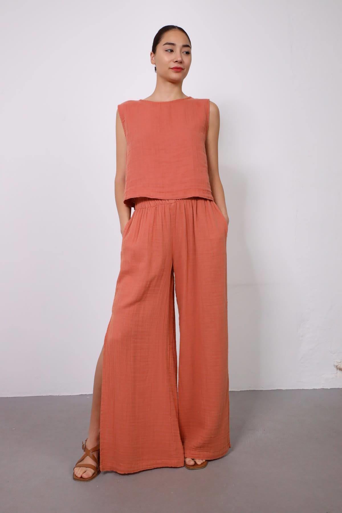 Somon Rengi Yırtmaçlı Müslin Pantolon - Şaman Butik Somon Rengi Yırtmaçlı Müslin Pantolon