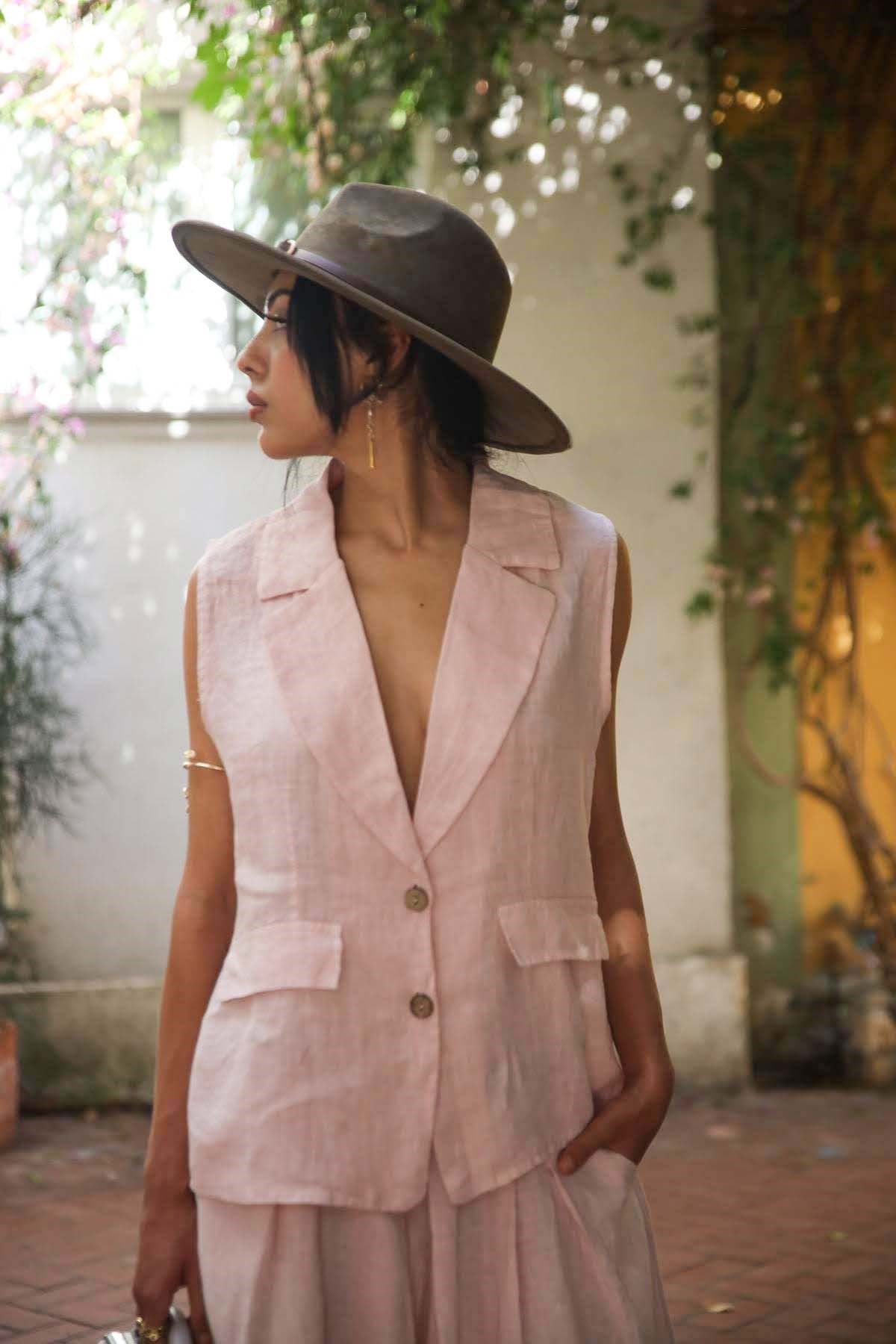 Pudra Pembe Blazer Yaka Keten Yelek