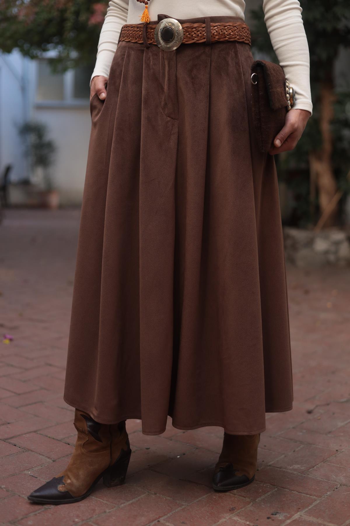 Kahverengi Beli Lastikli Pileli Kadife Etek