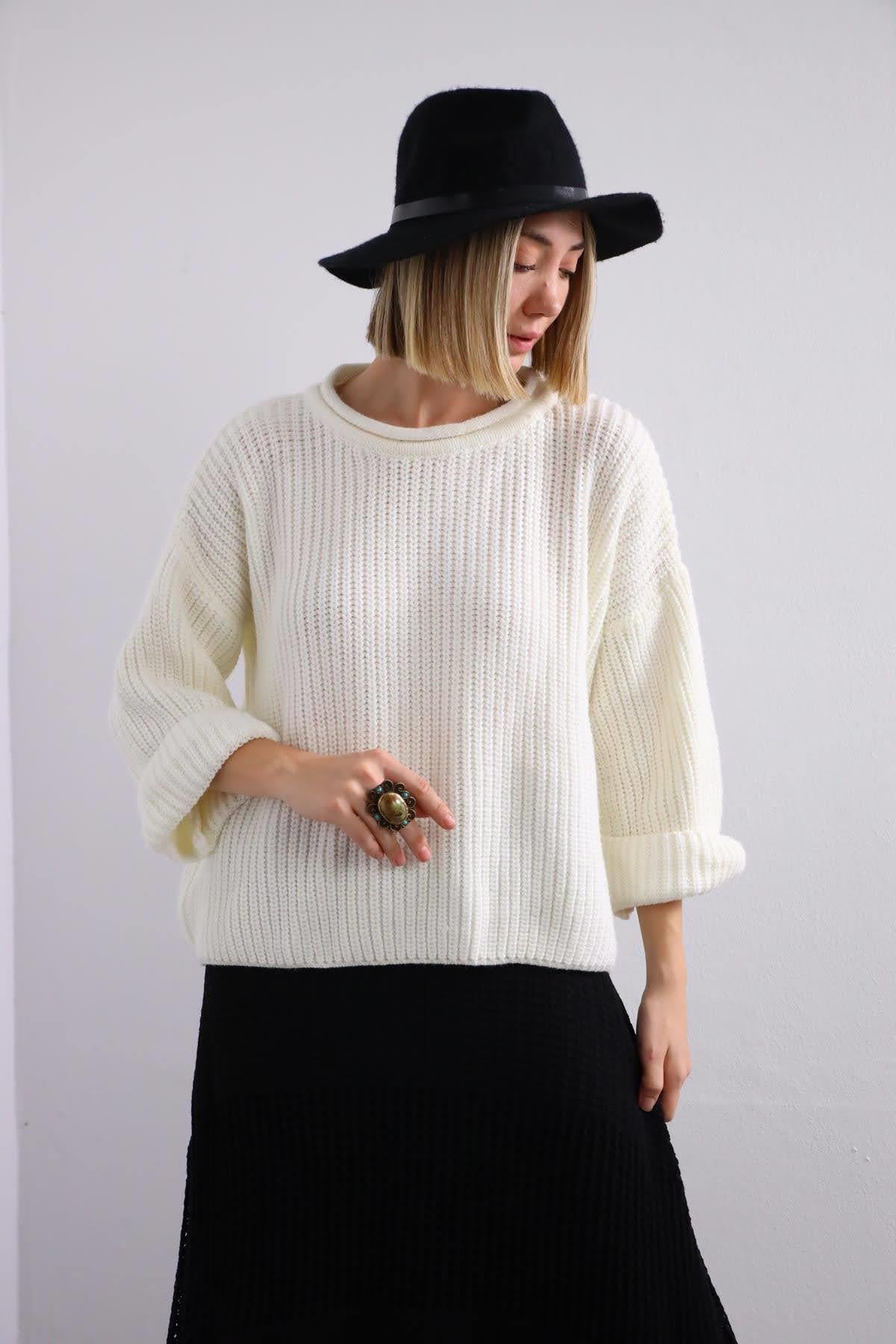 Ecru Folded Sleeves Pullover - Saman Butik | Shop Online Ecru Folded Sleeves Pullover