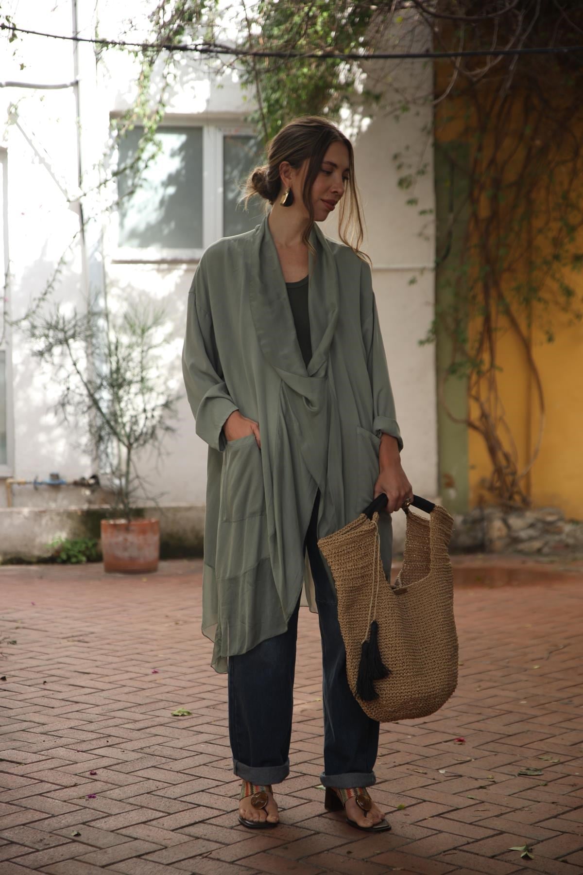 Haki İpek Yaka Judith Tunik