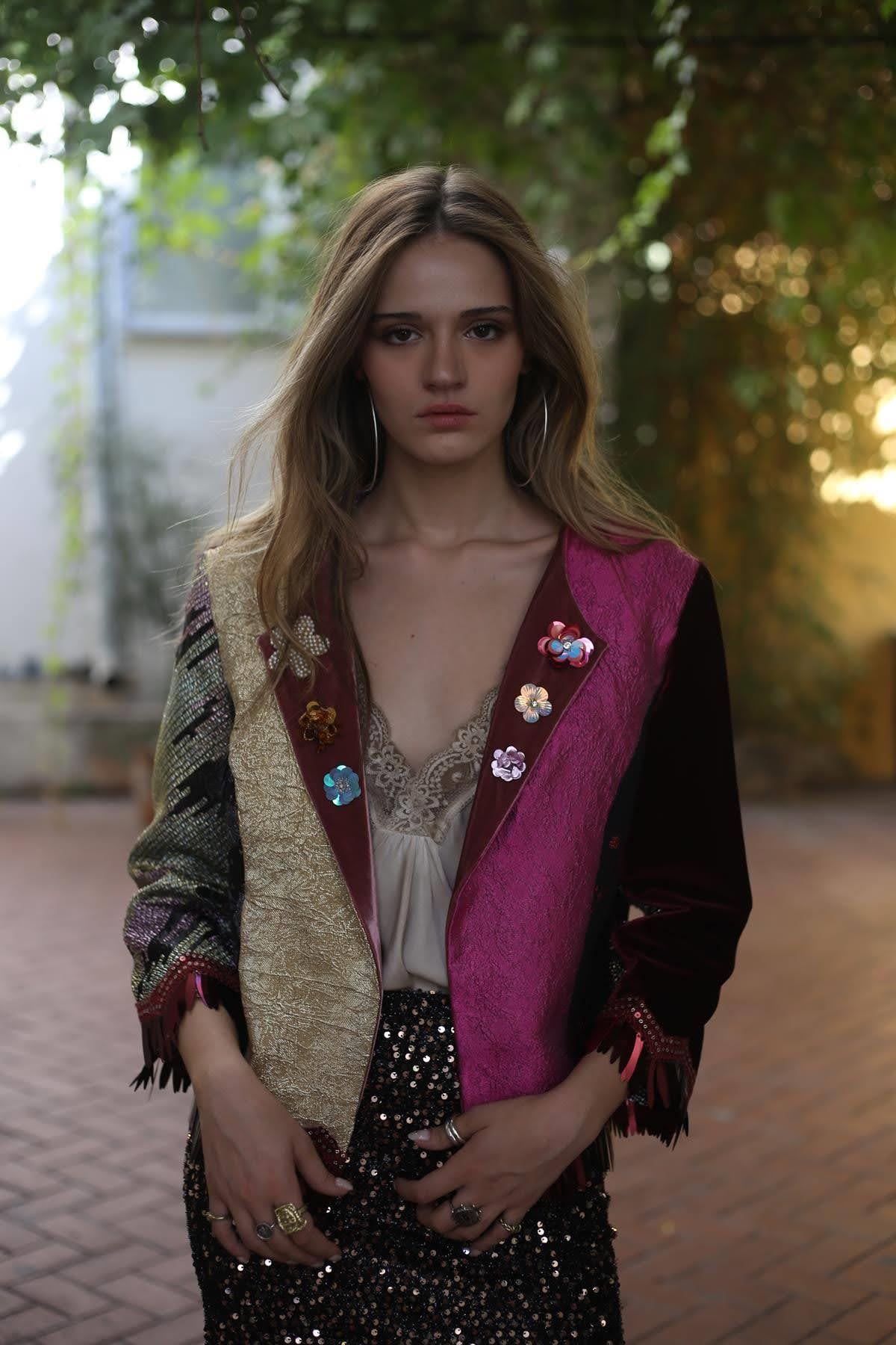 Renkli Parçalı Payet Püsküllü Tasarım Ceket