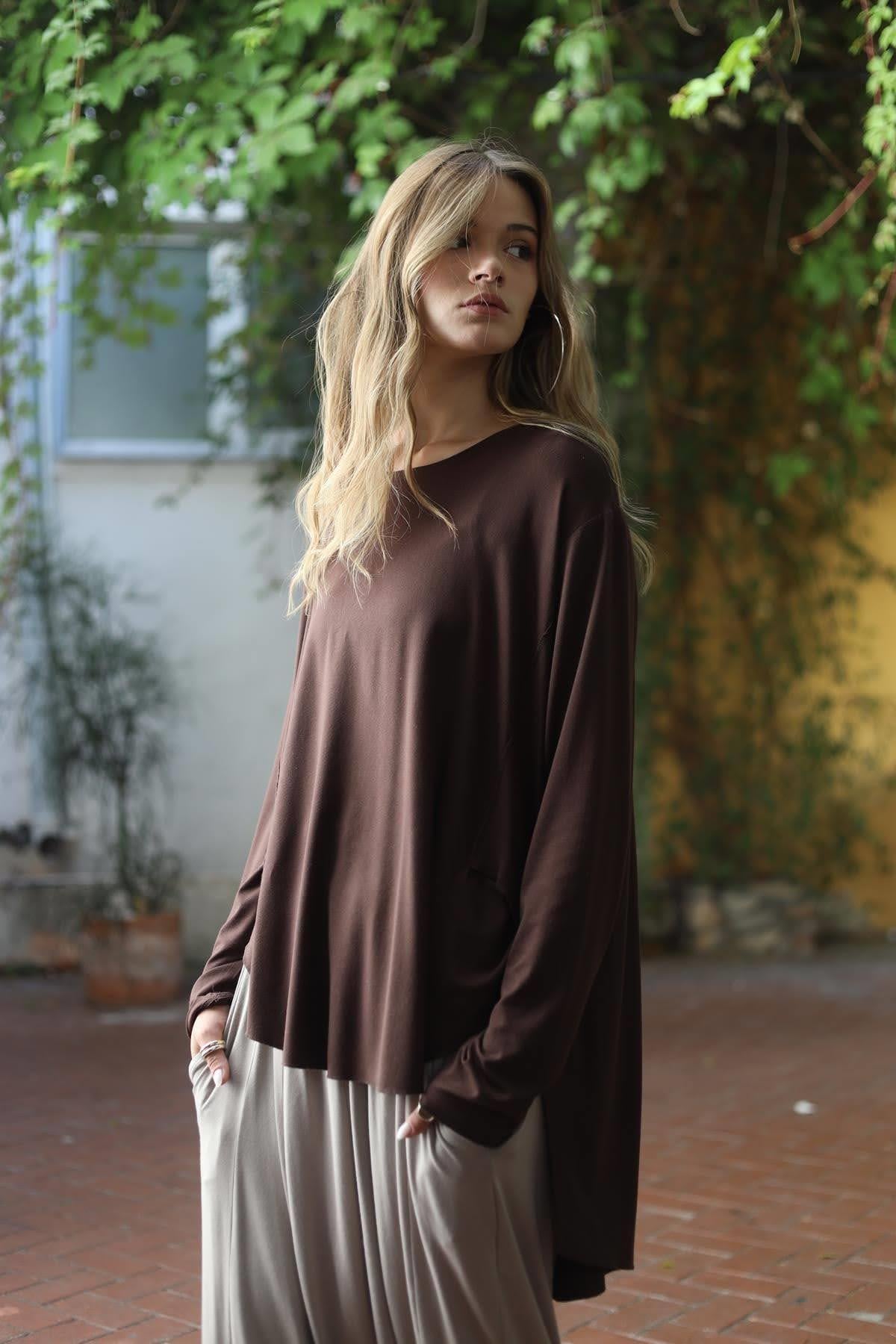 Kahverengi Bisiklet Yaka Dikiş Detaylı Önü Kısa Tunik