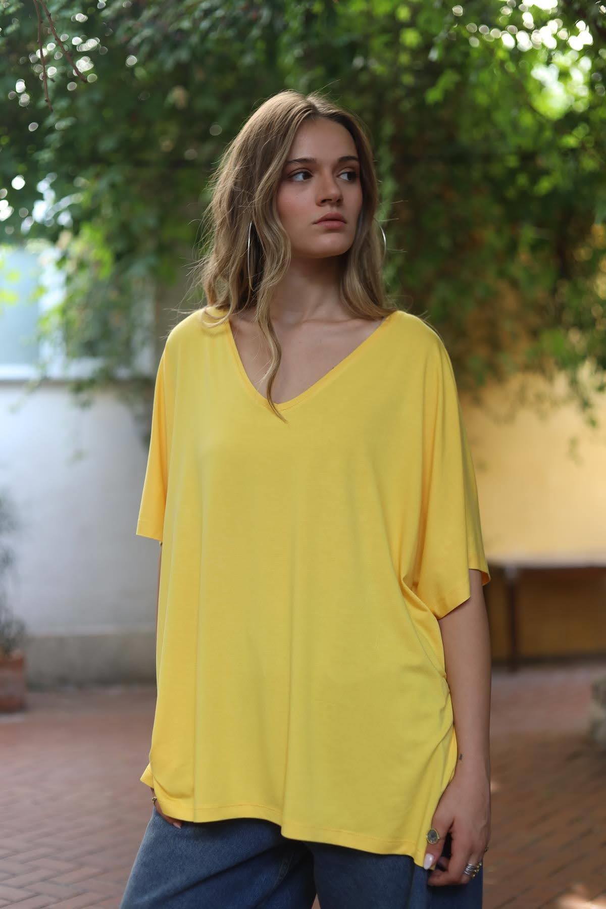 Sarı V Yaka Yarasa Kol Bluz