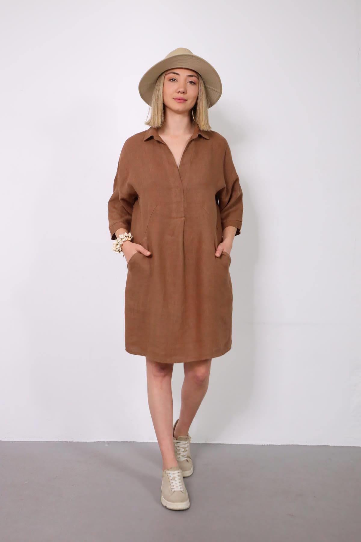 Toprak Rengi Tek Düğmeli Önü Pileli Keten Elbise - Şaman Butik Toprak Rengi Tek Düğmeli Önü Pileli Keten Elbise
