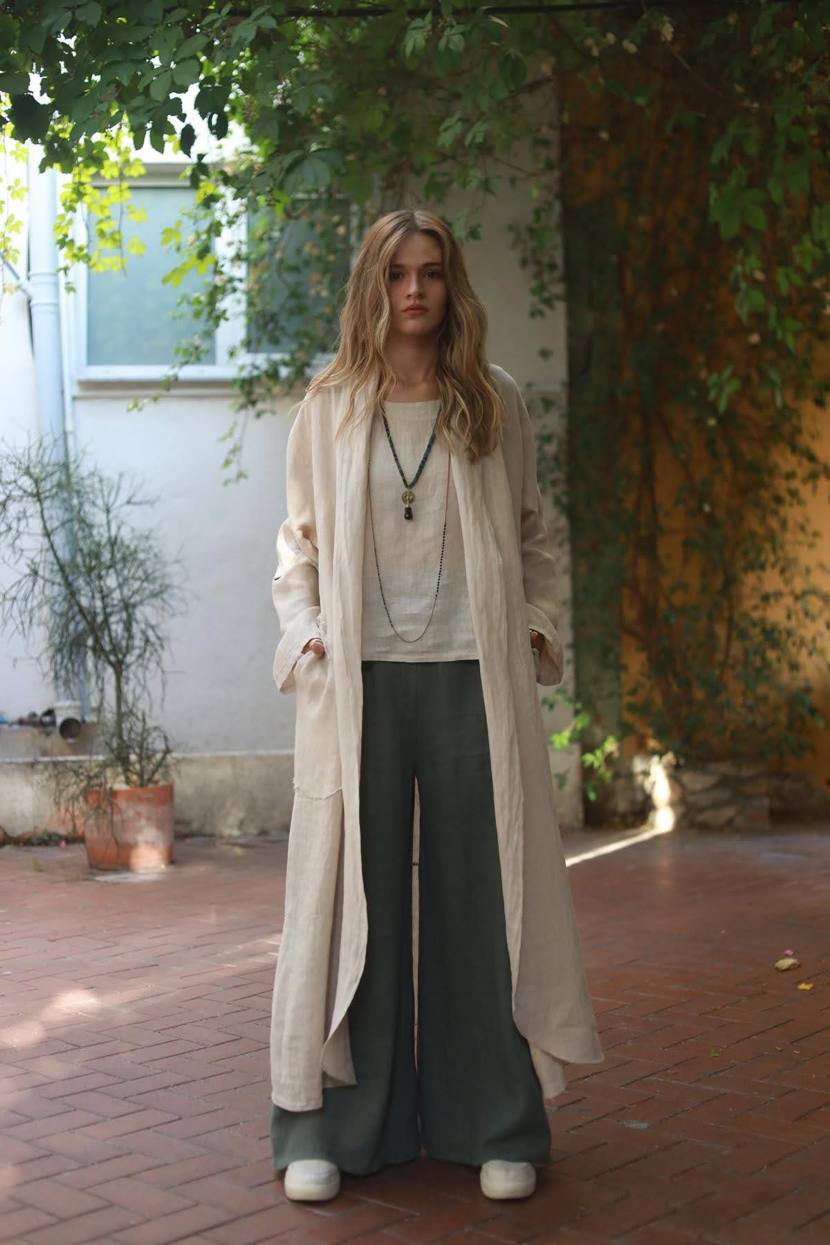 Krem Cebi Düğmeli Keten Kaftan