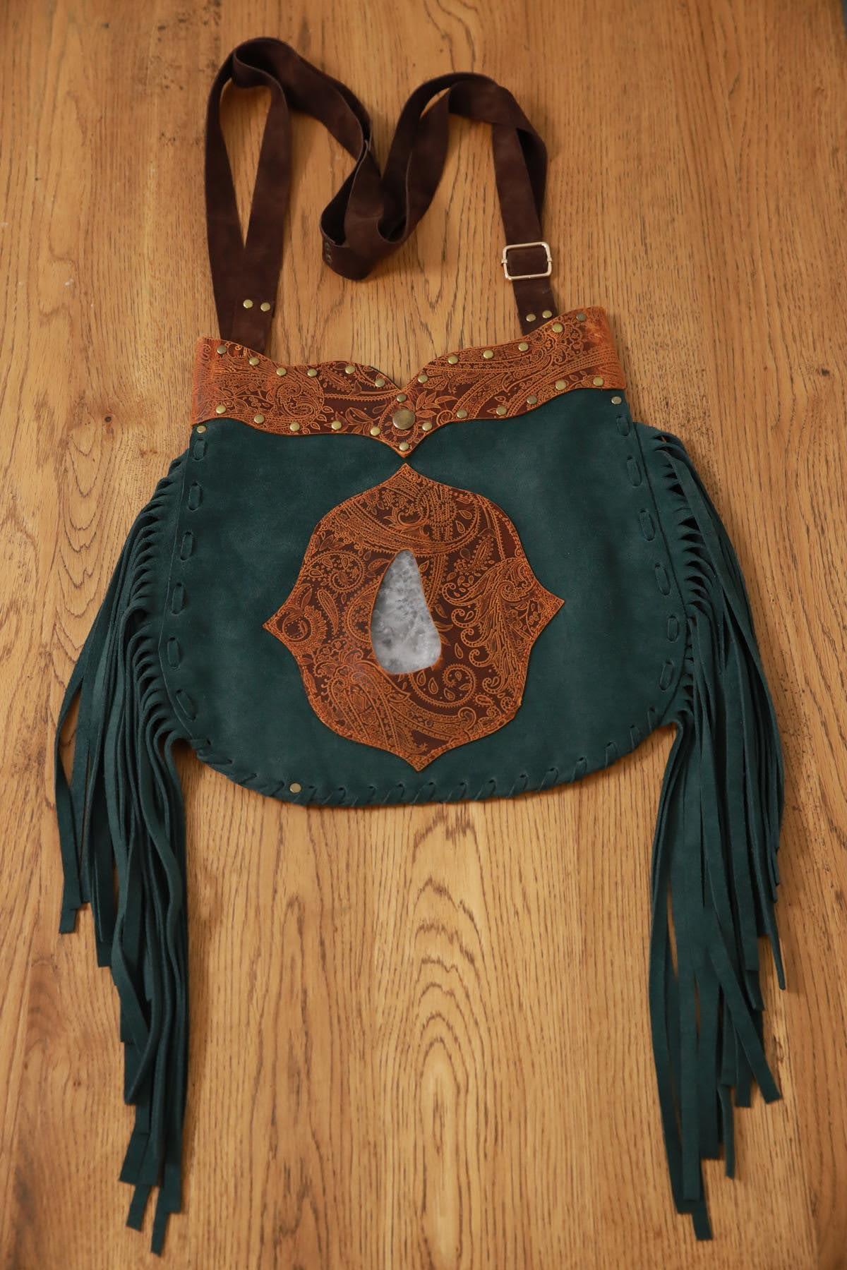 Petrol Green Embossed Leather Detailed Suede Bag