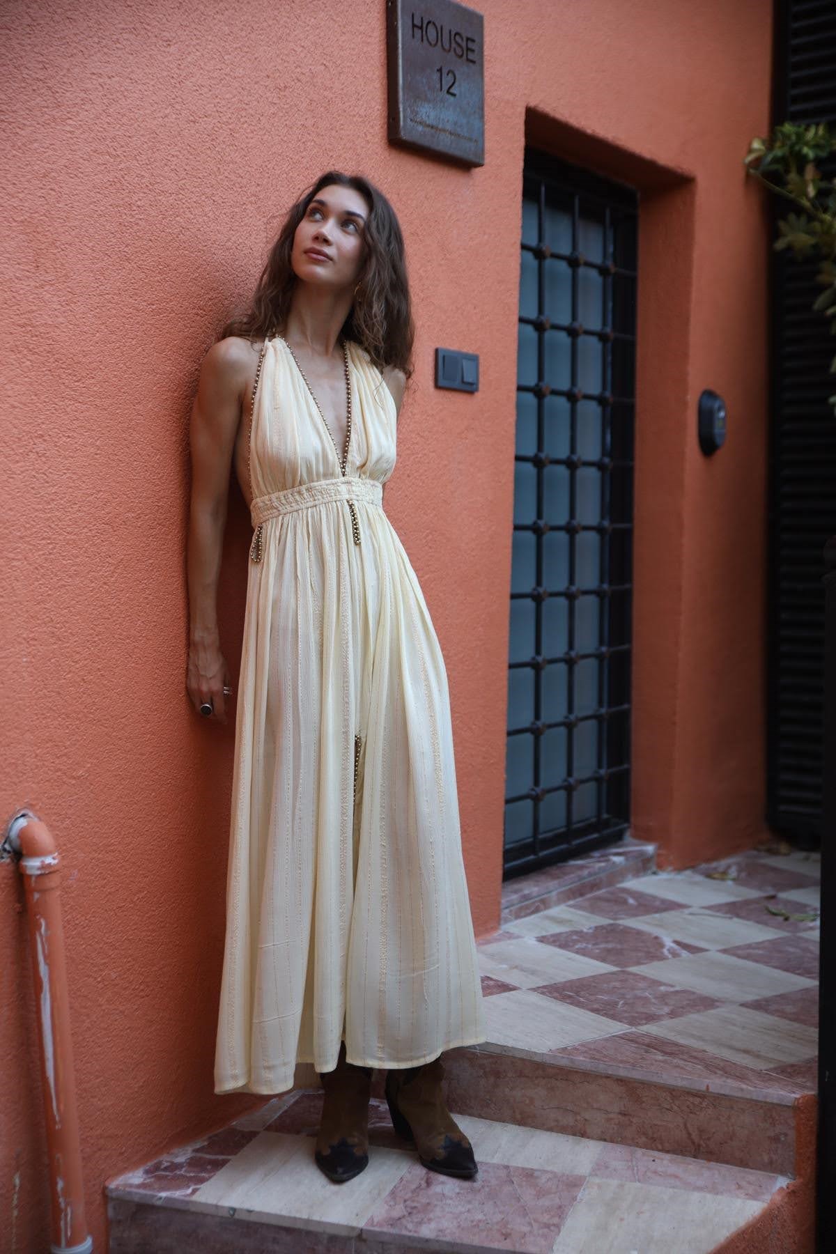 Melon Color Gold Detailed Beaded Bohemian Dress