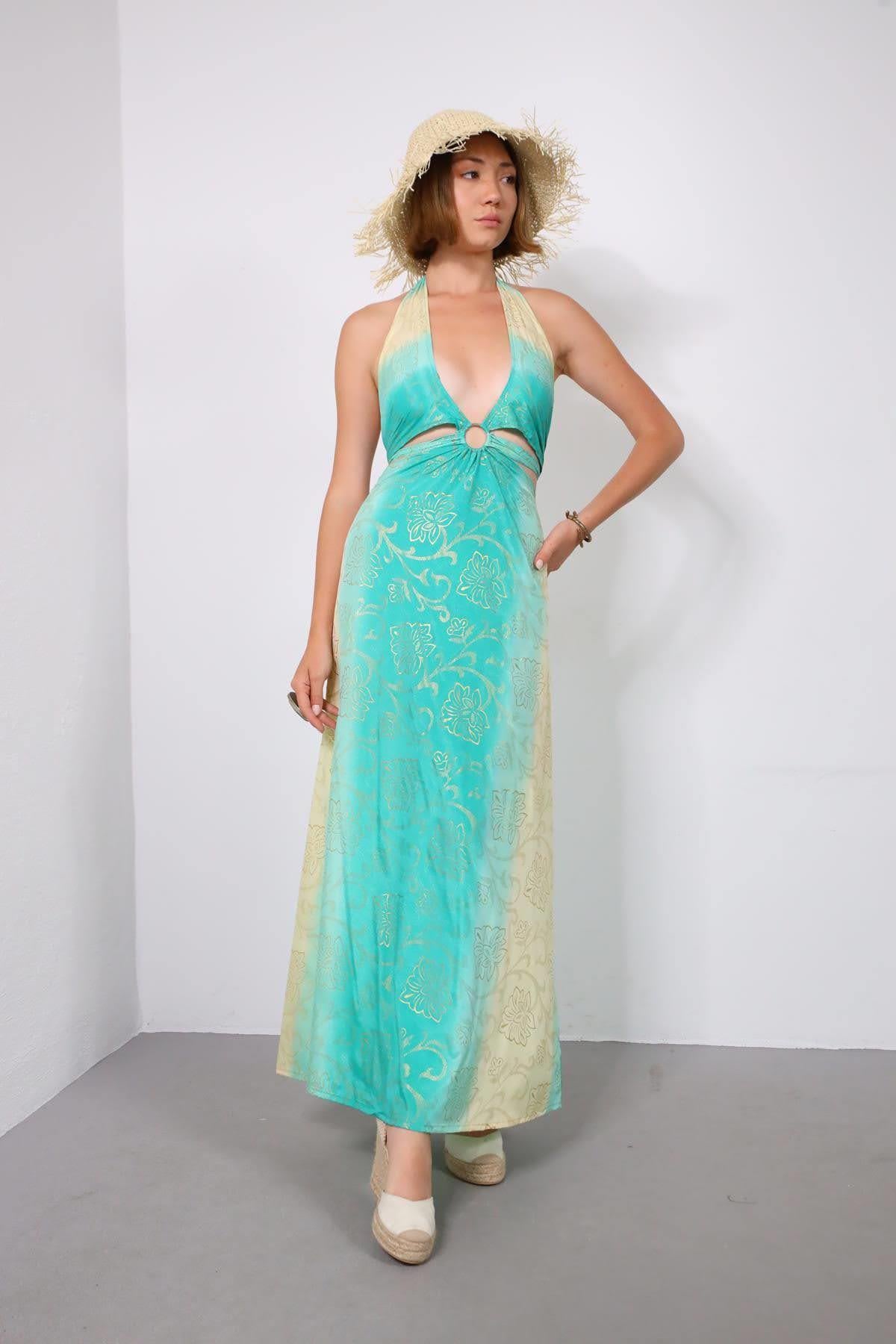 Turkuaz Halka Detaylı Sırtı Açık İpek Elbise - Şaman Butik Turkuaz Halka Detaylı Sırtı Açık İpek Elbise