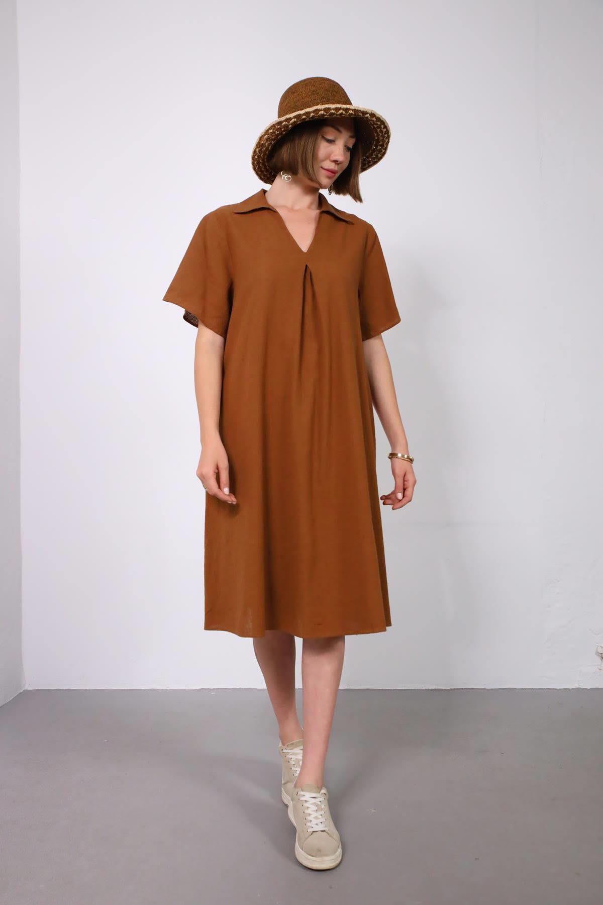 Kahverengi Gömlek Yaka Önü Pileli Keten Elbise - Şaman Butik Kahverengi Gömlek Yaka Önü Pileli Keten Elbise